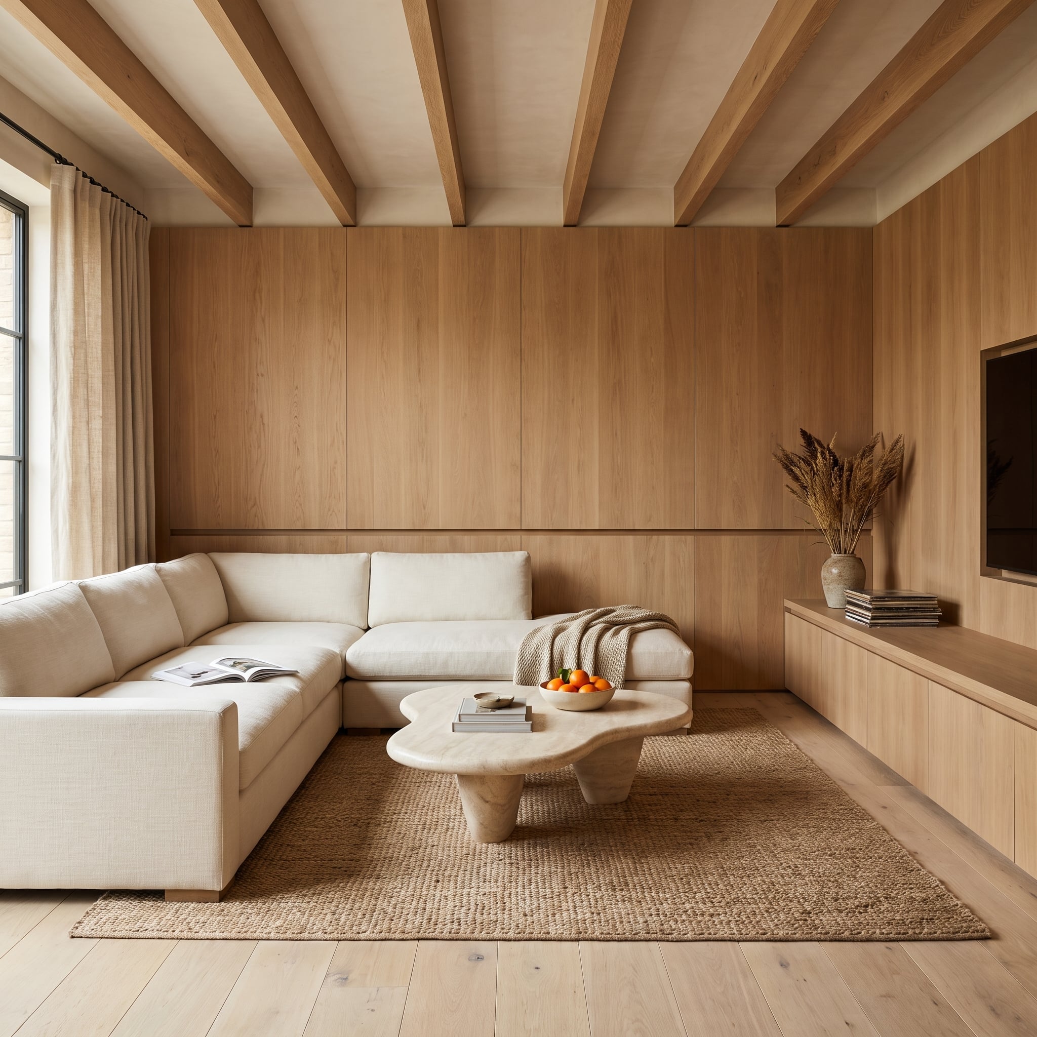 Pale oak paneled living room accent wall with cream sectional and travertine table