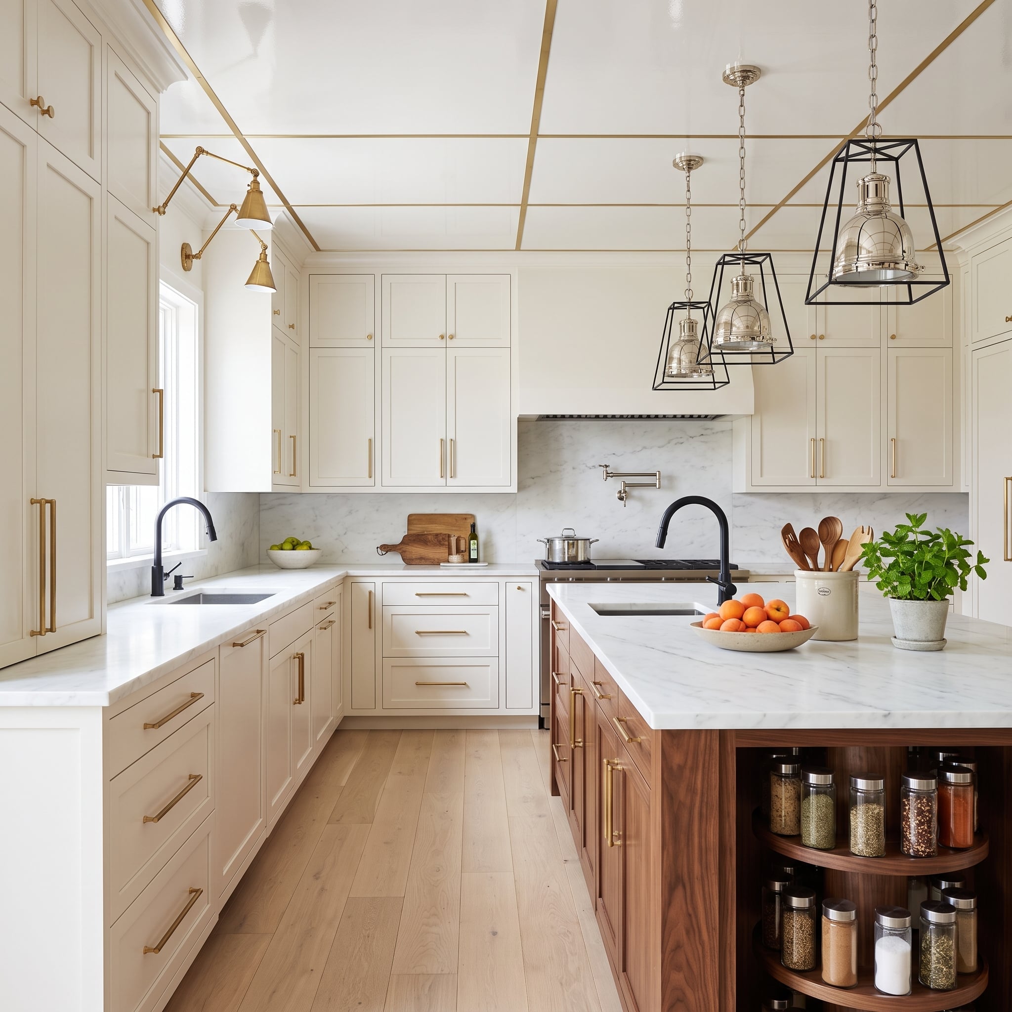 Ivory Cabinets, Walnut Island, and Cage Pendants That Made the Case for Three Metals