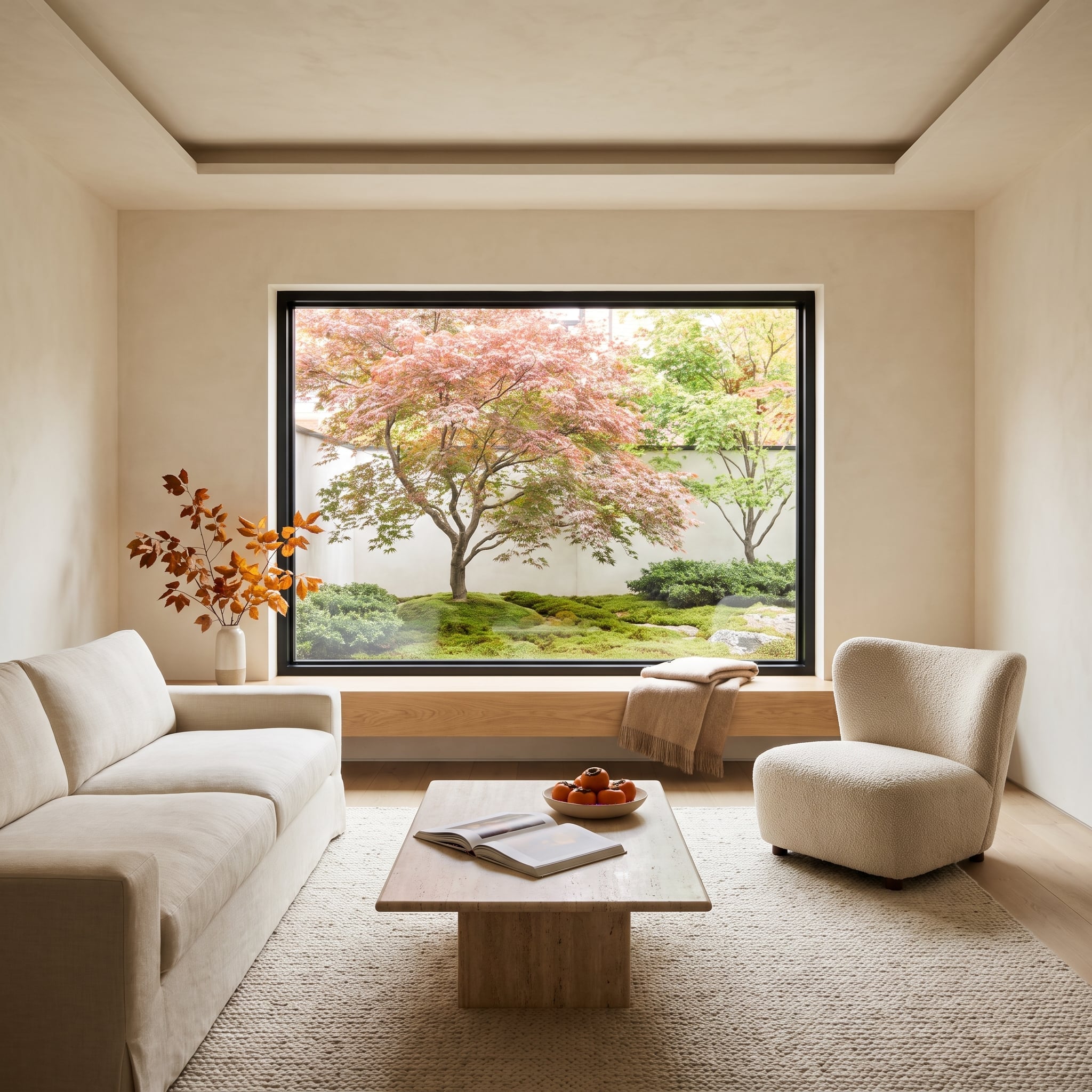 Minimalist living room with black-framed picture window overlooking a colorful Japanese maple