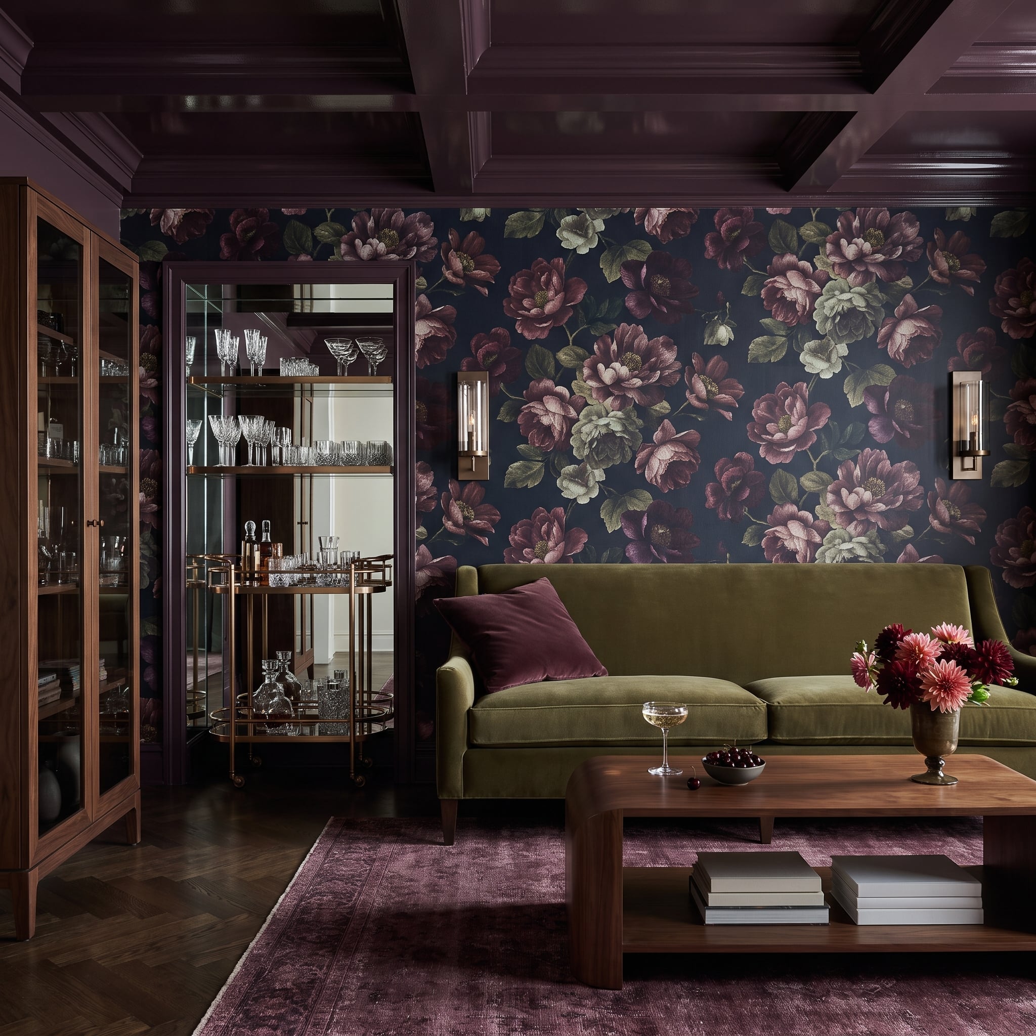 Jewel-toned floral wallpaper behind olive velvet sofa in living room