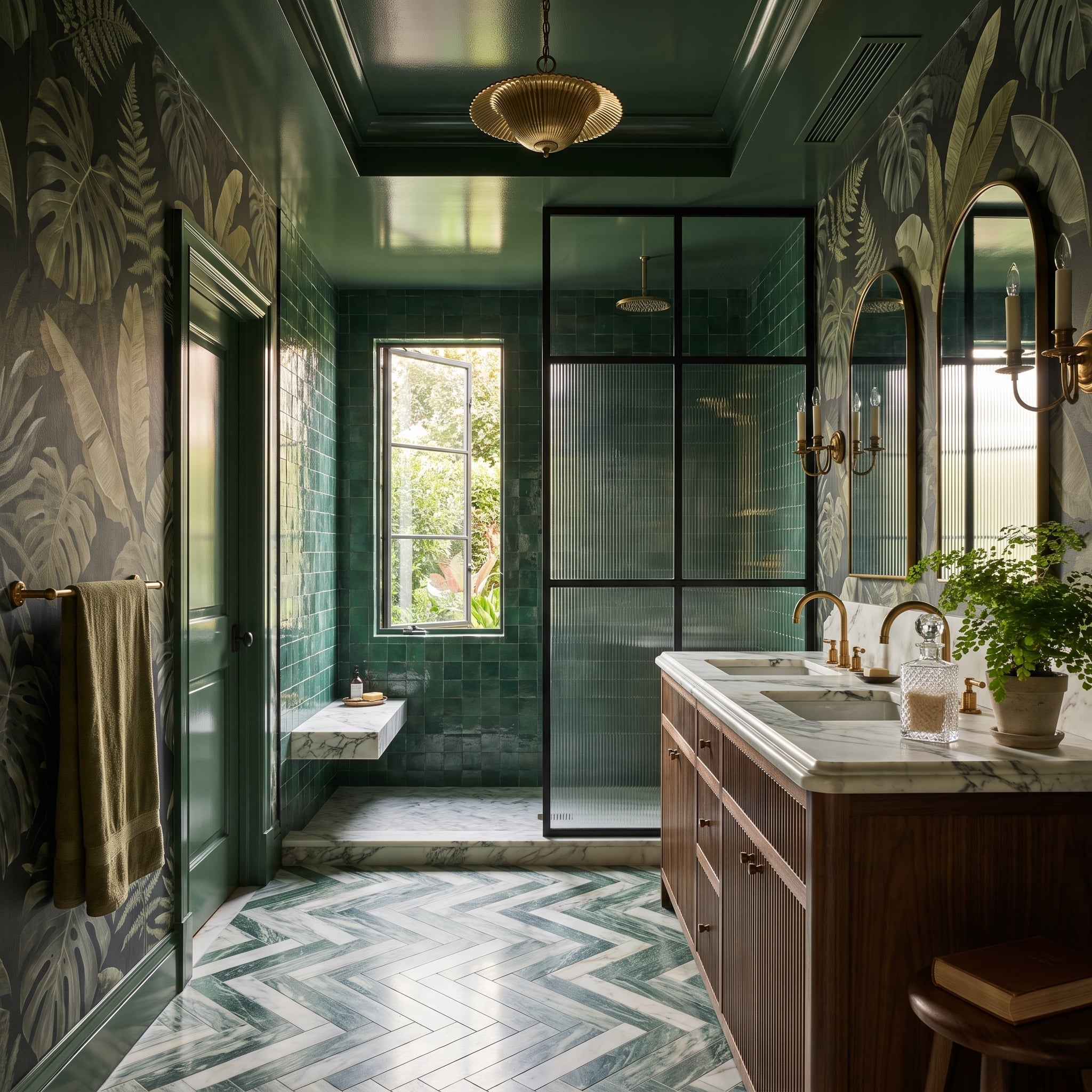 Jungle Wallpaper, Chevron Marble, and a Shower That Earns Its Enclosure