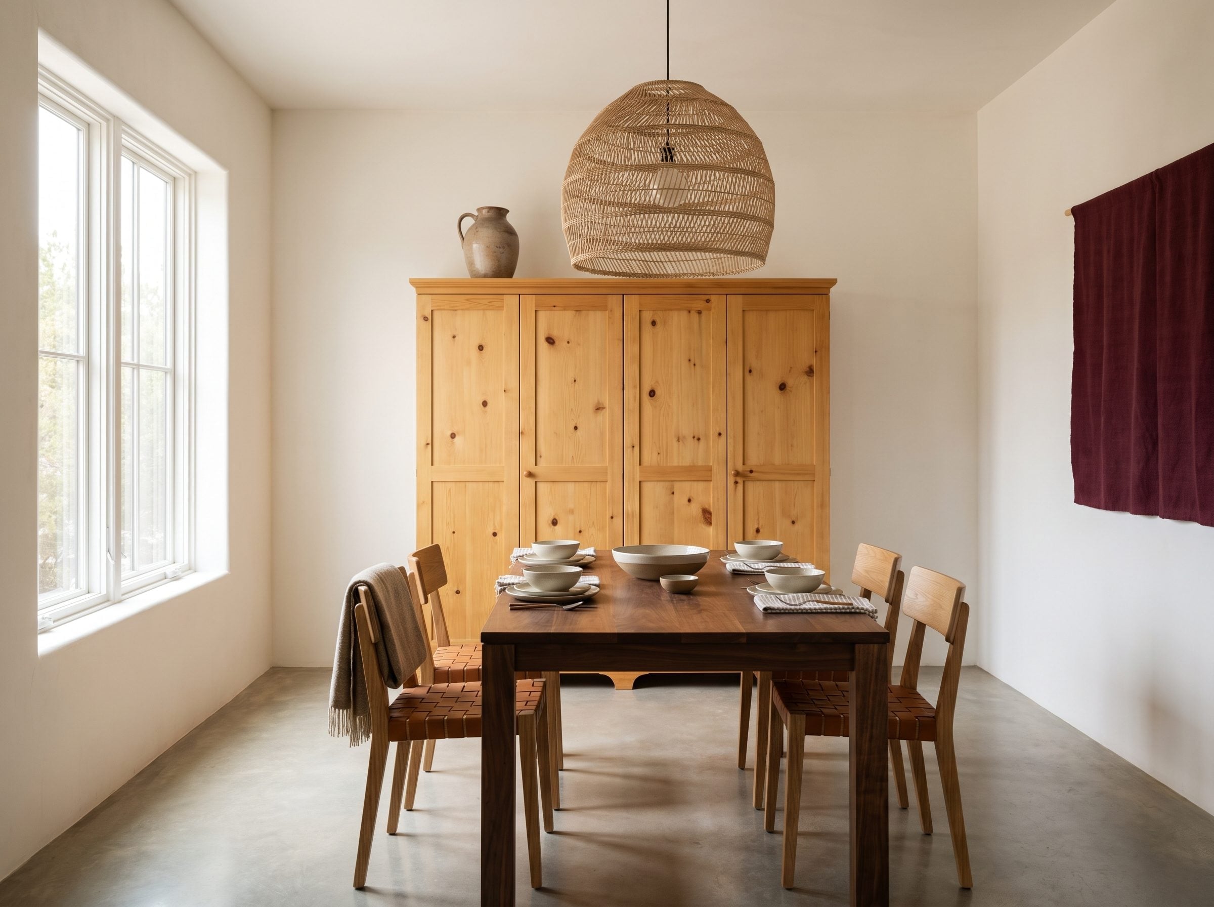 Dining room with knotty pine cabinet, dark walnut table, woven pendant, and burgundy textile