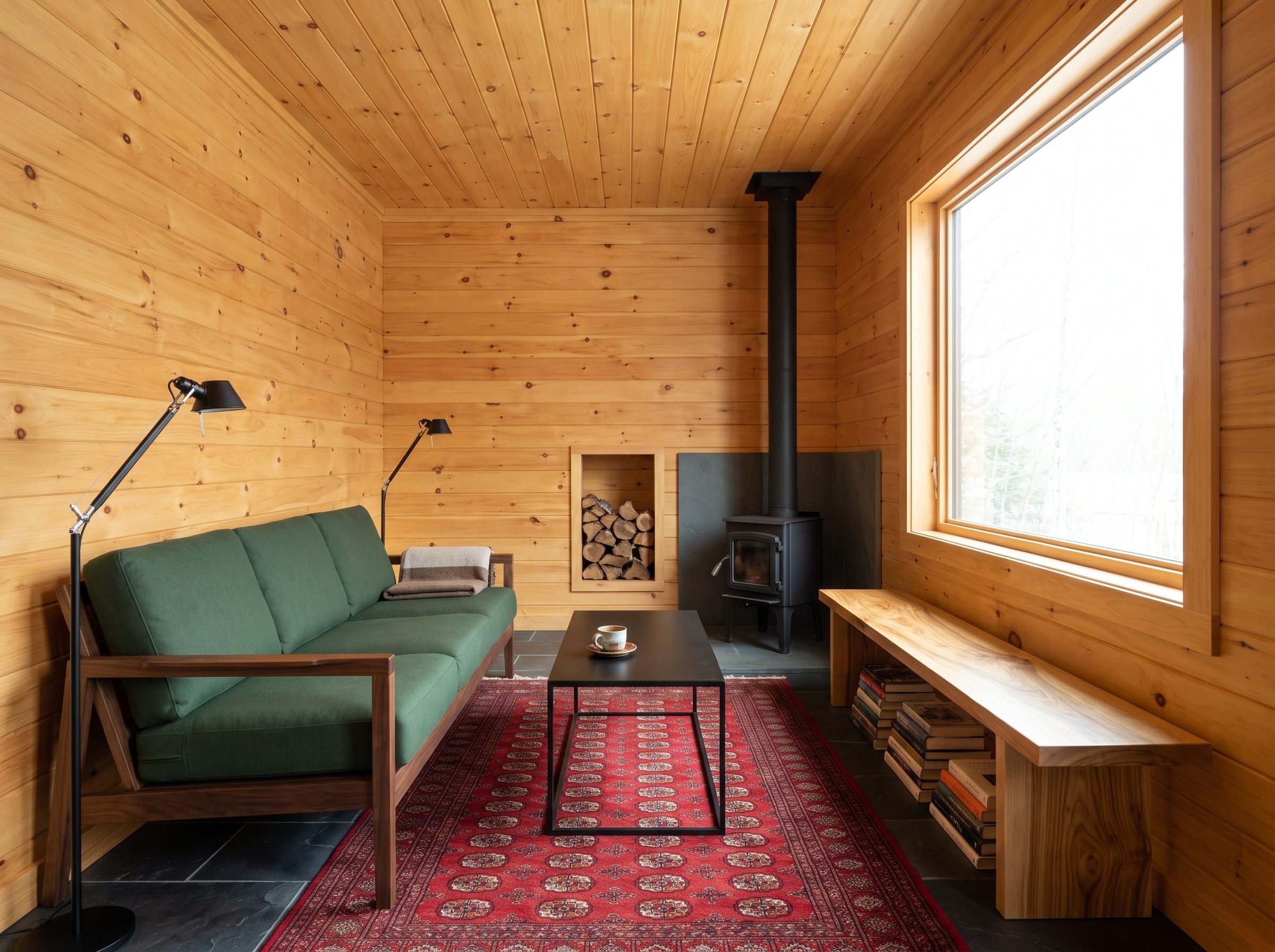 Cabin living room with knotty pine walls, walnut-framed green sofa, slate floor, and red patterned rug