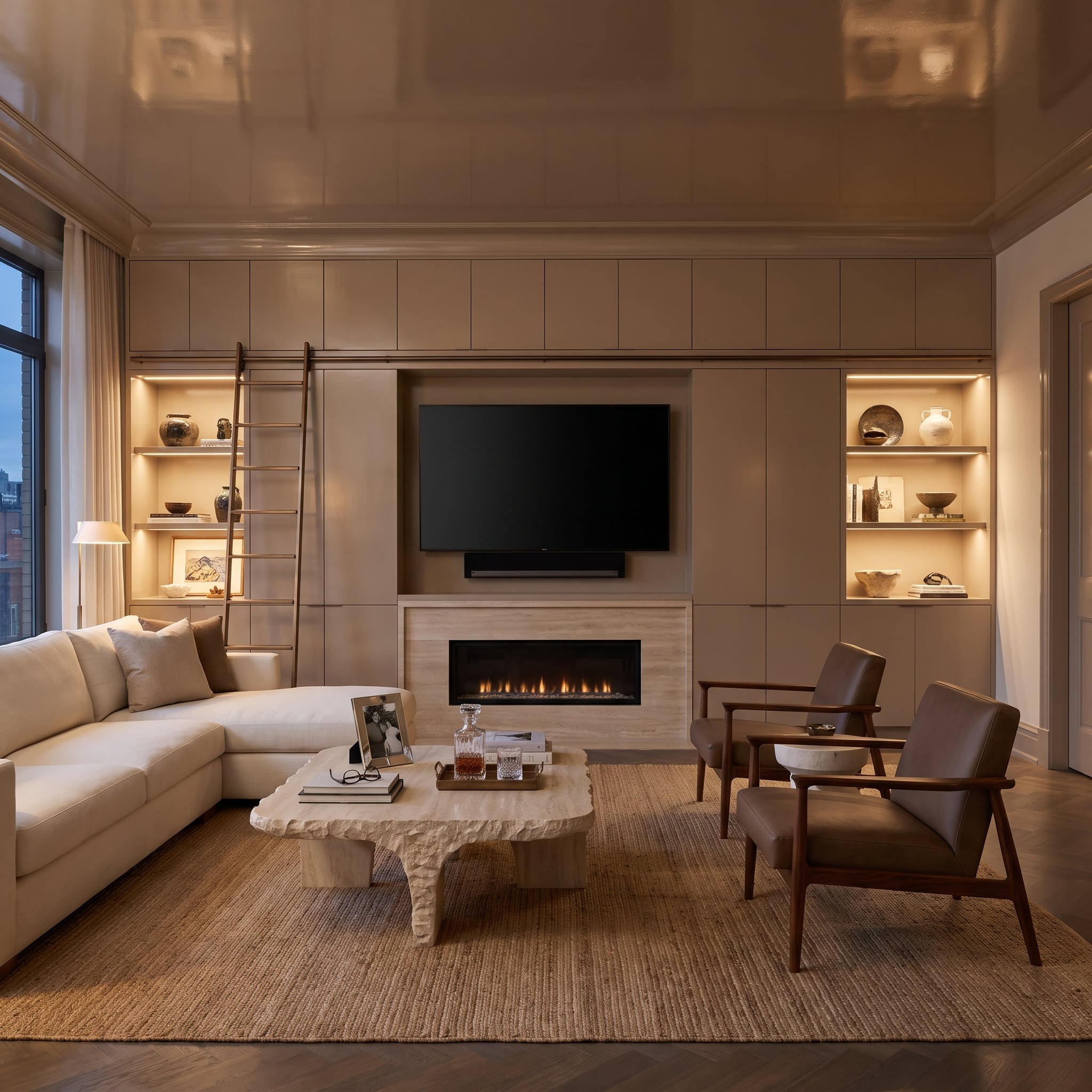 Warm contemporary living room with glossy caramel ceiling, television above a travertine fireplace surround, and illuminated built-in cabinetry