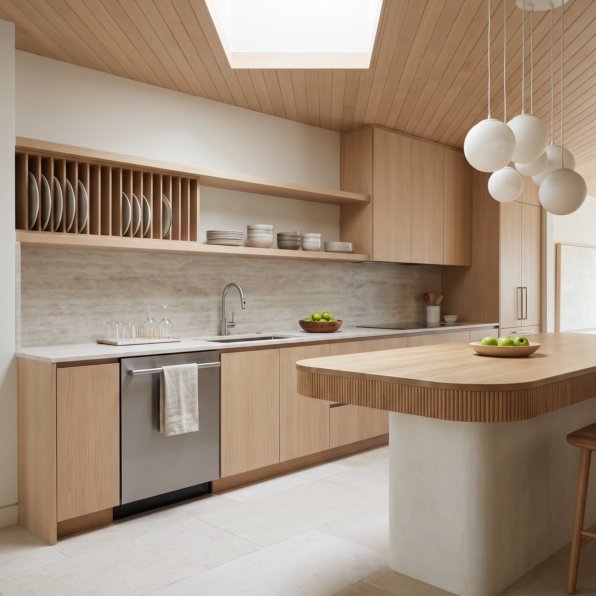 Pale oak kitchen with built-in plate rack, travertine backsplash, and open storage