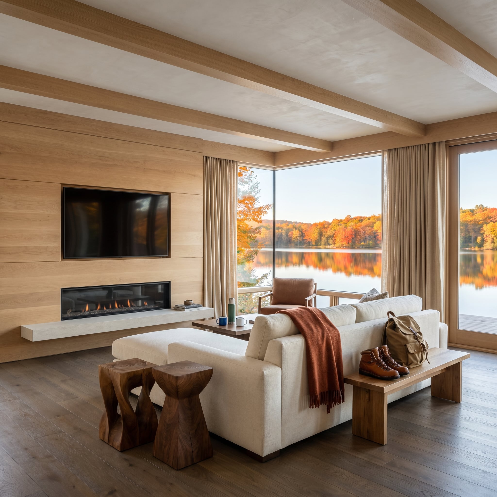 Lakefront living room with wide-plank oak fireplace wall, television above a linear gas fire, cream sectional, and brilliant autumn foliage
