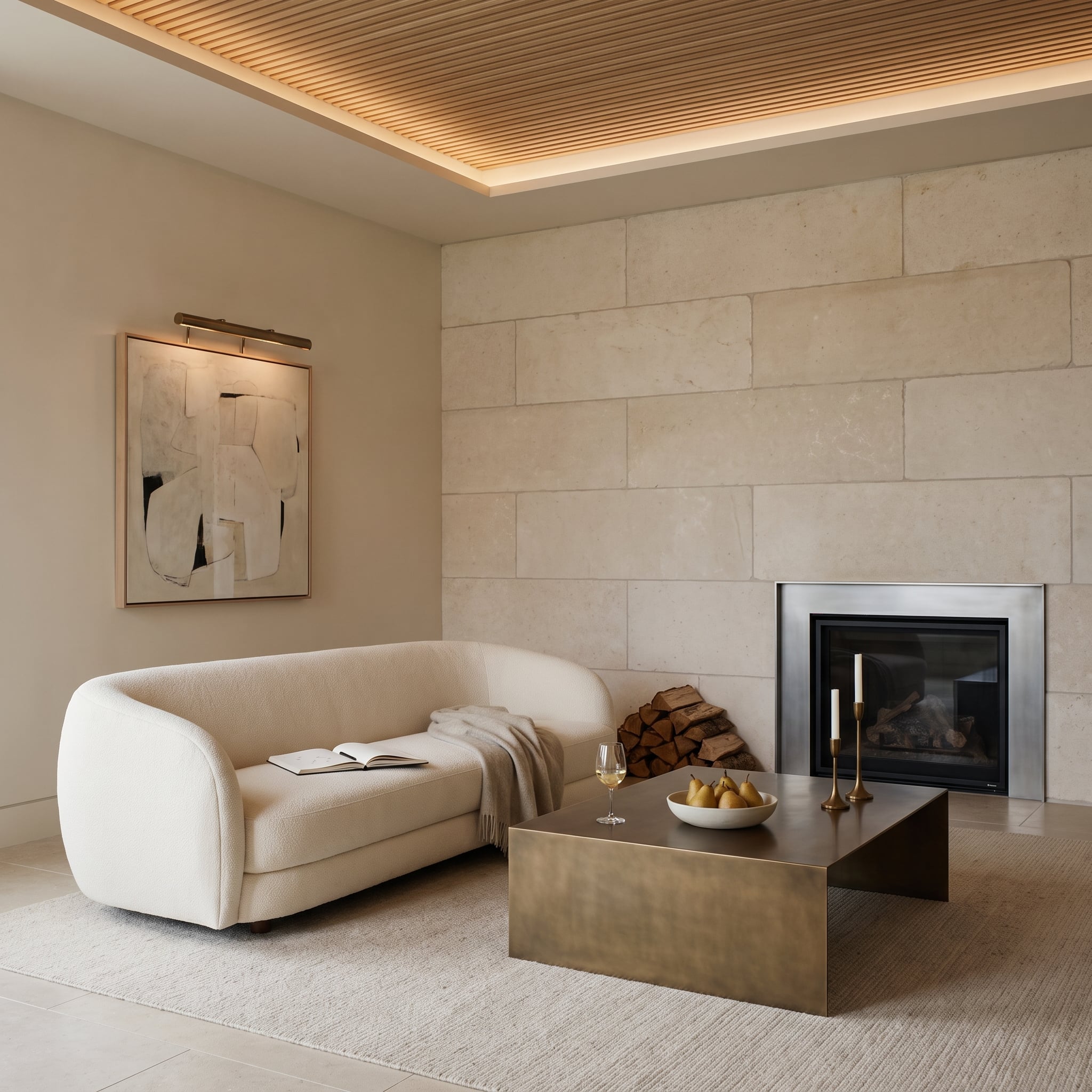 Rough-cut limestone fireplace wall with slatted ceiling and cream bouclé sofa