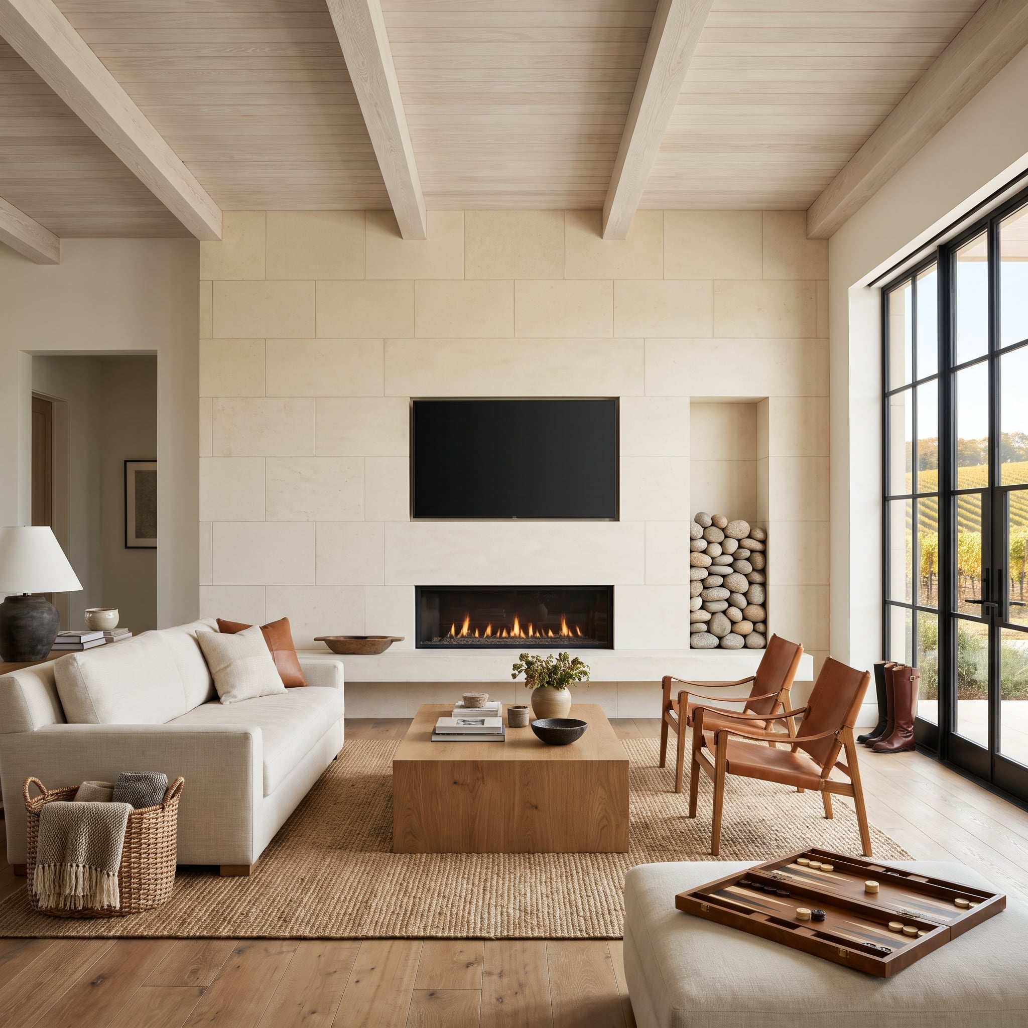 Cream limestone fireplace wall with television above a low linear gas fire and a niche filled with river stones