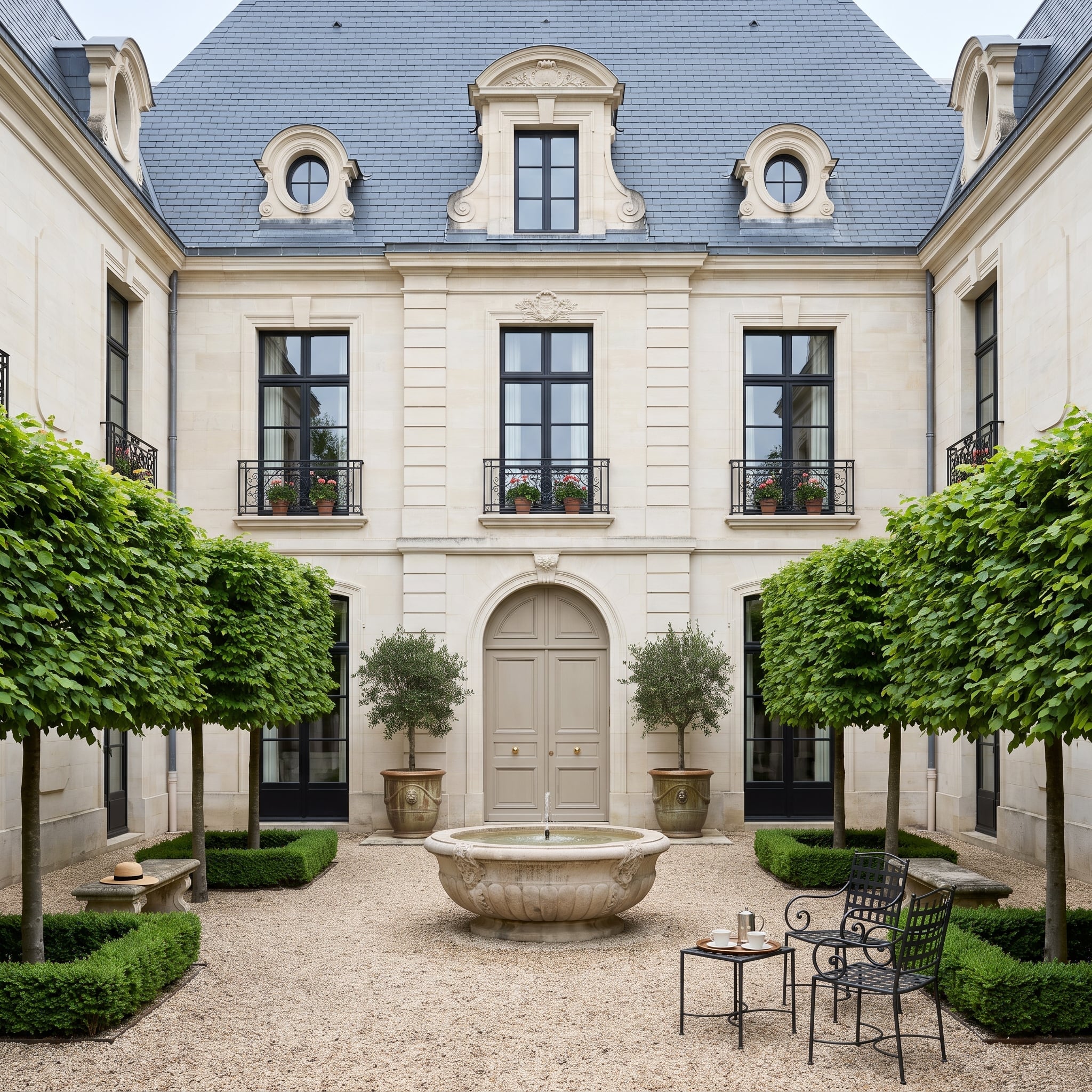 Parisian-style limestone courtyard with black iron balconies, pleached linden trees and mansard roof