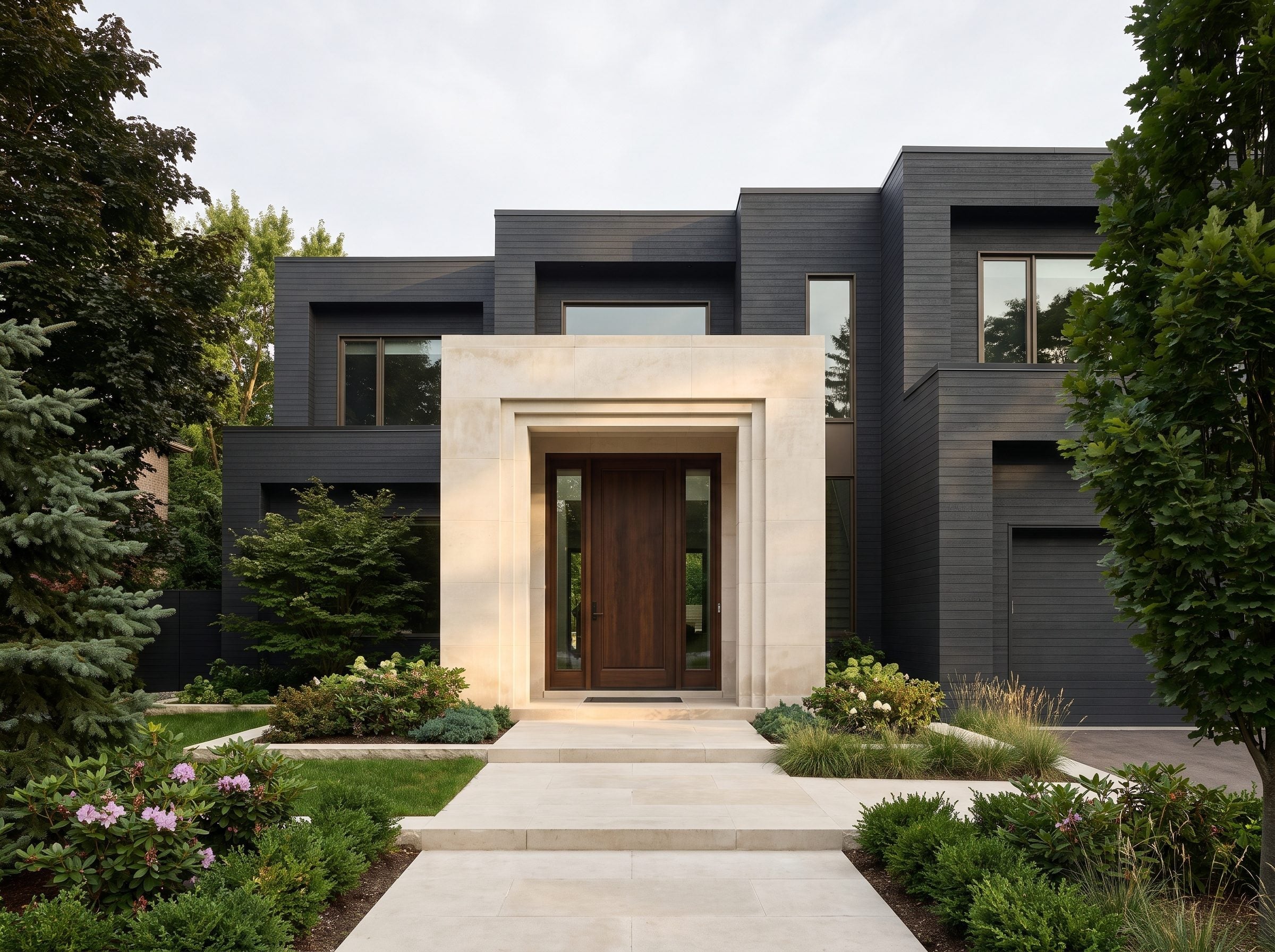 Long charcoal-clad house with a tall pale limestone entrance tower