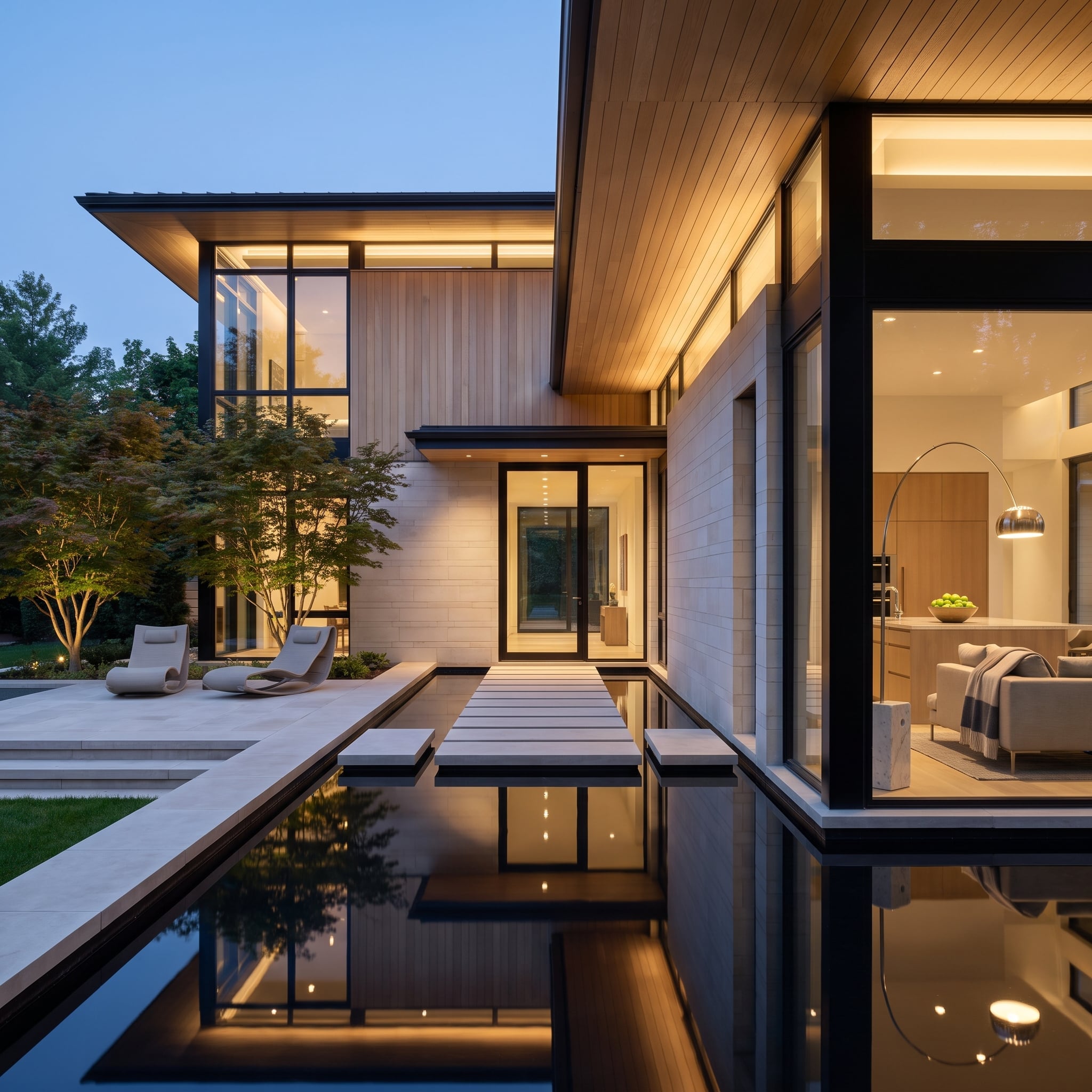 Limestone Facade, Reflecting Canal, Cedar Soffit: Courtyard That Won't Compete With Itself