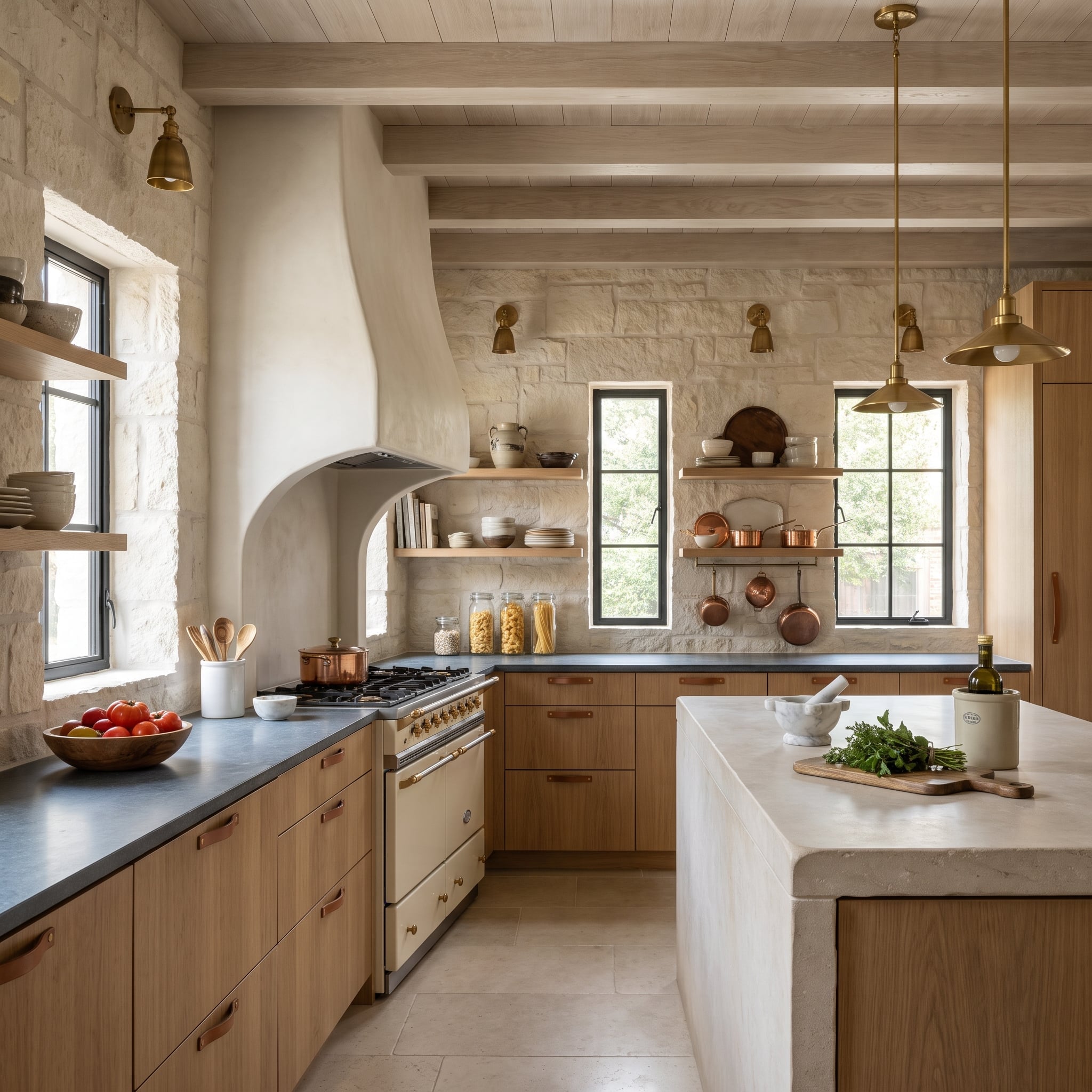 Rustic contemporary kitchen with limestone walls, copper cookware, oak cabinetry and black steel windows