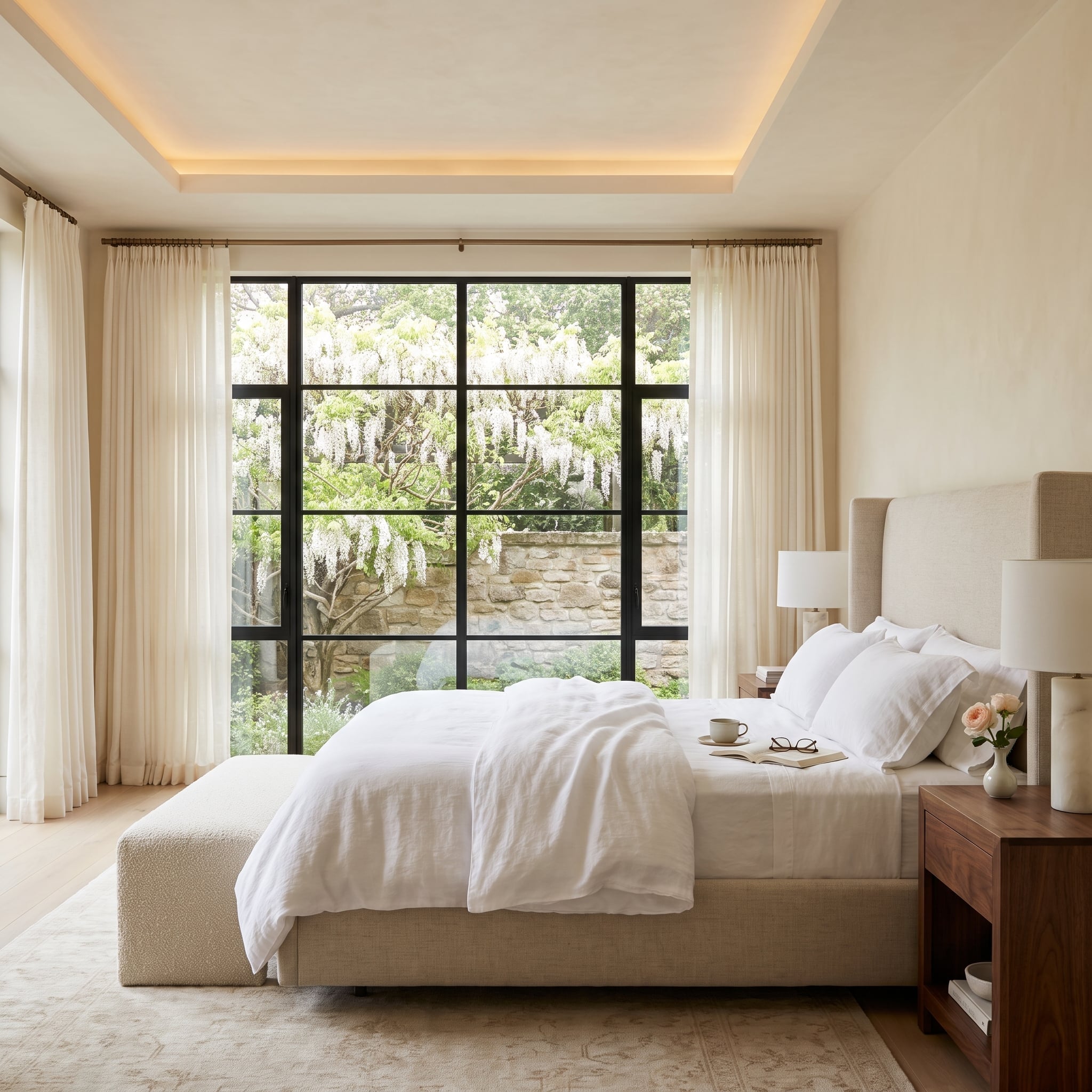 Serene bedroom with linen upholstered bed, black steel windows and white wisteria outside