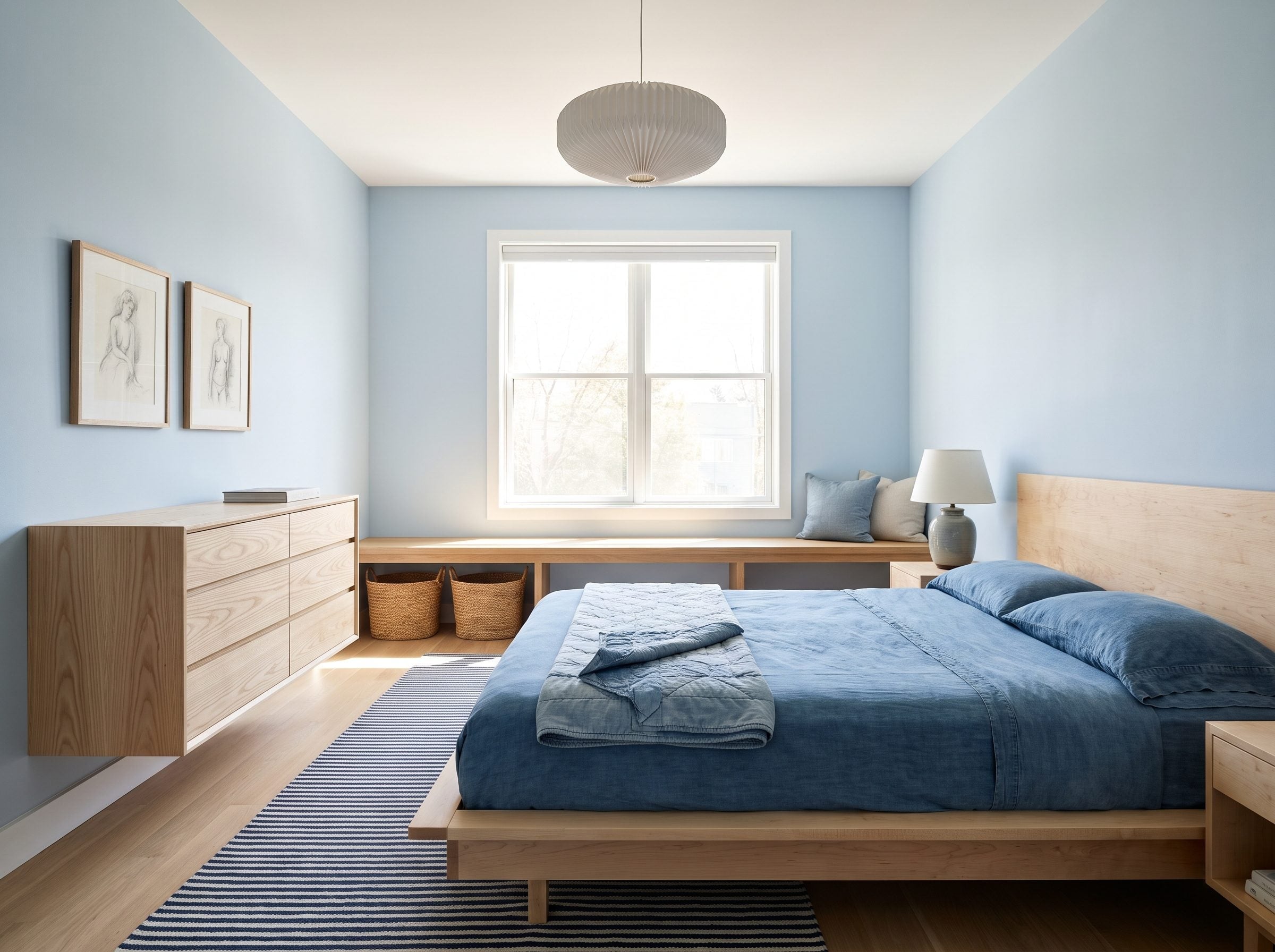 Pale maple bed and ash dresser in a bedroom with blue linen bedding and a striped rug