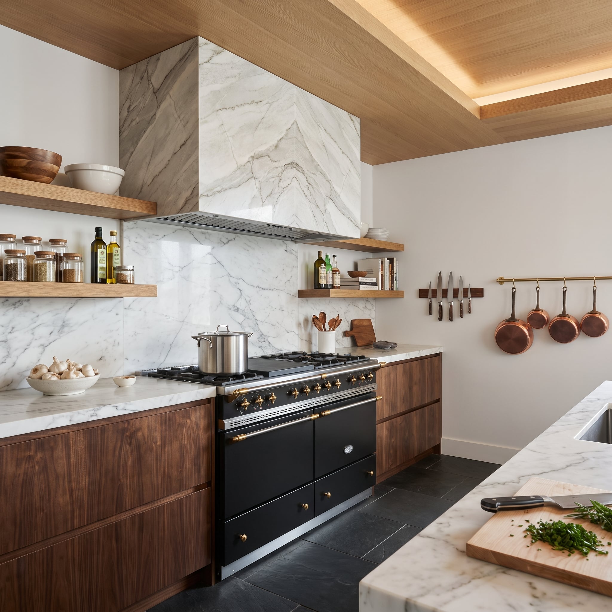 Walnut kitchen with bookmatched marble range hood, floating oak shelves, hanging copper pans, and dark range
