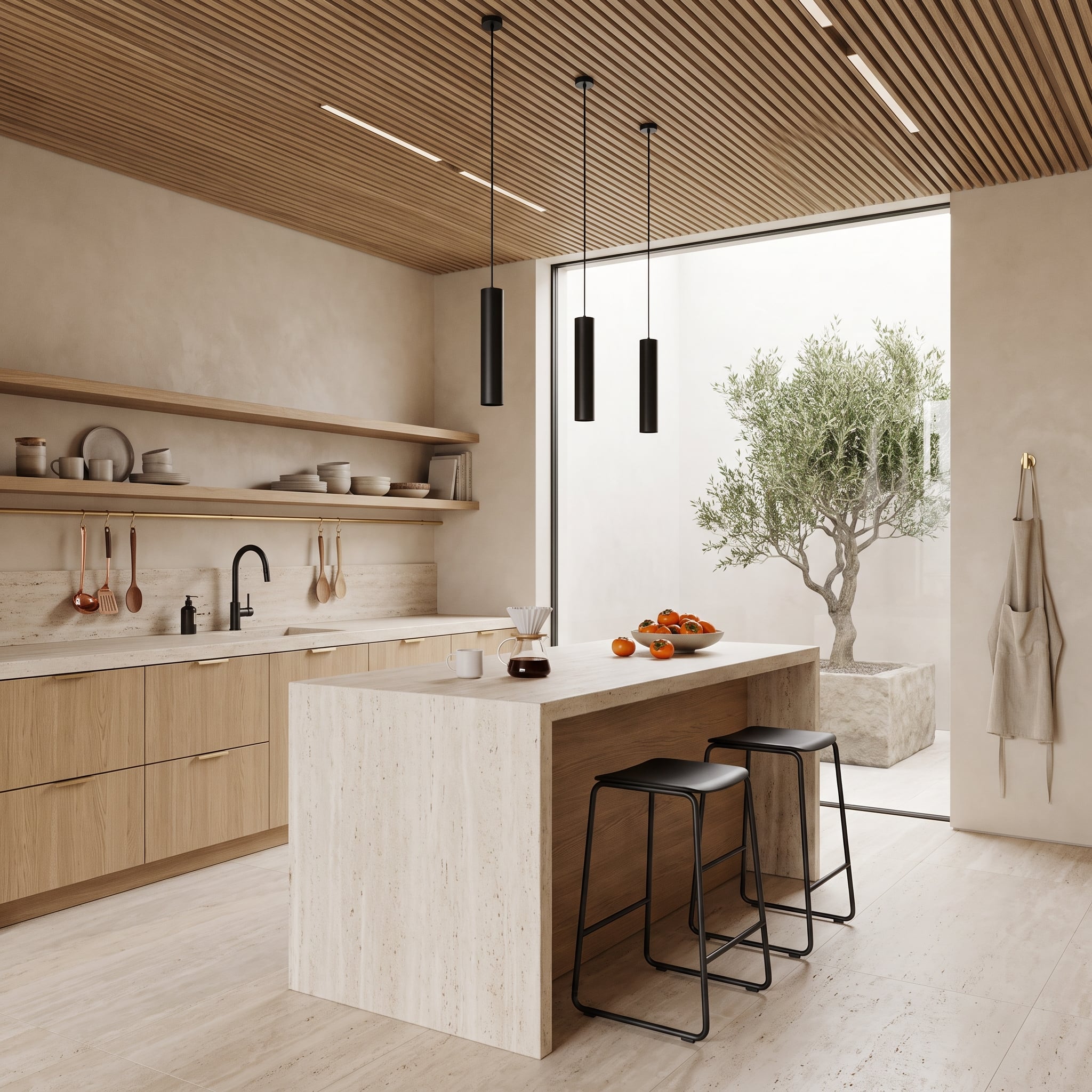 Matte Black, Brass, and Travertine Prove Restraint Has Nothing to Do With Sameness