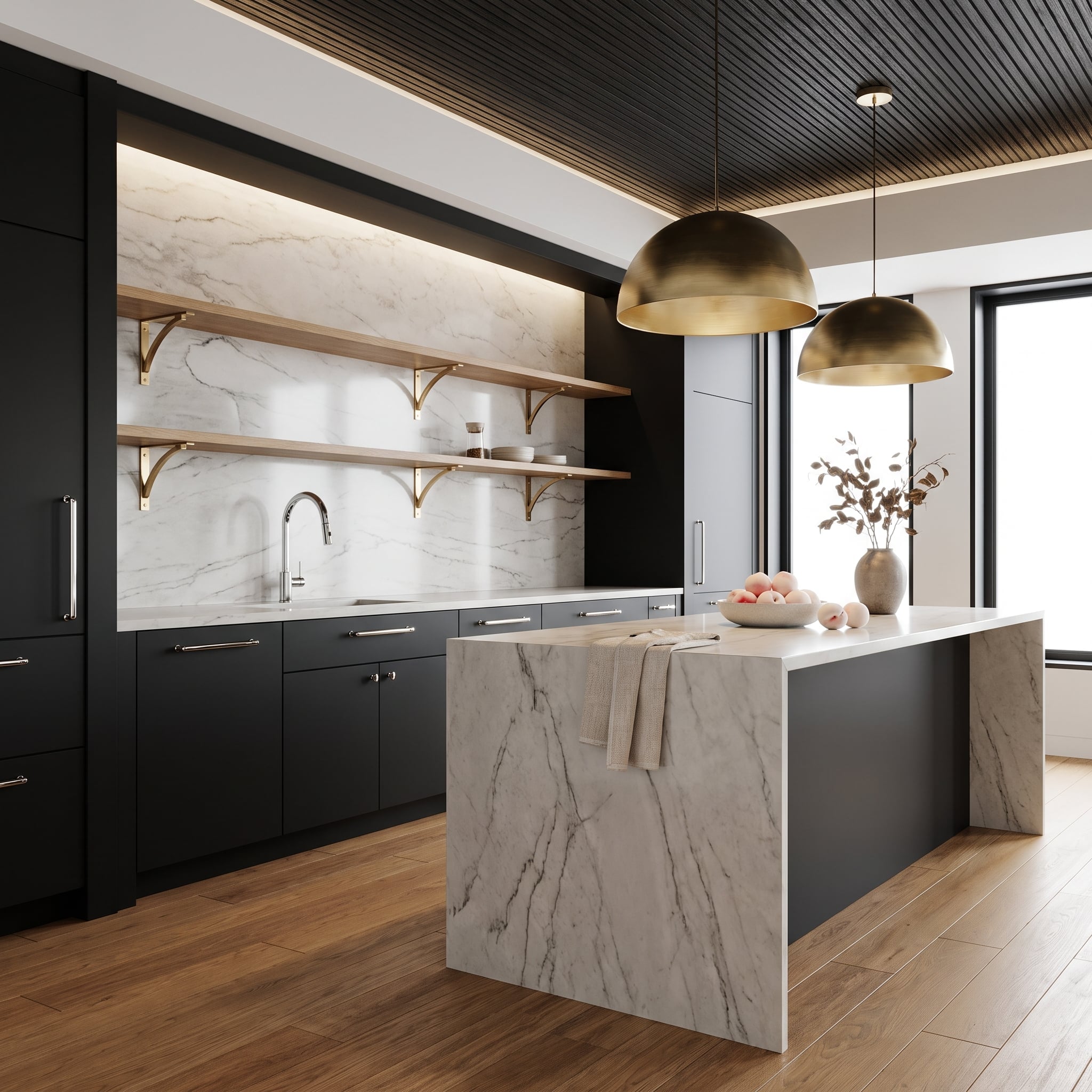 Matte Black Cabinets, Chrome Faucet, and Brass Pendants Walk Into a Marble Kitchen
