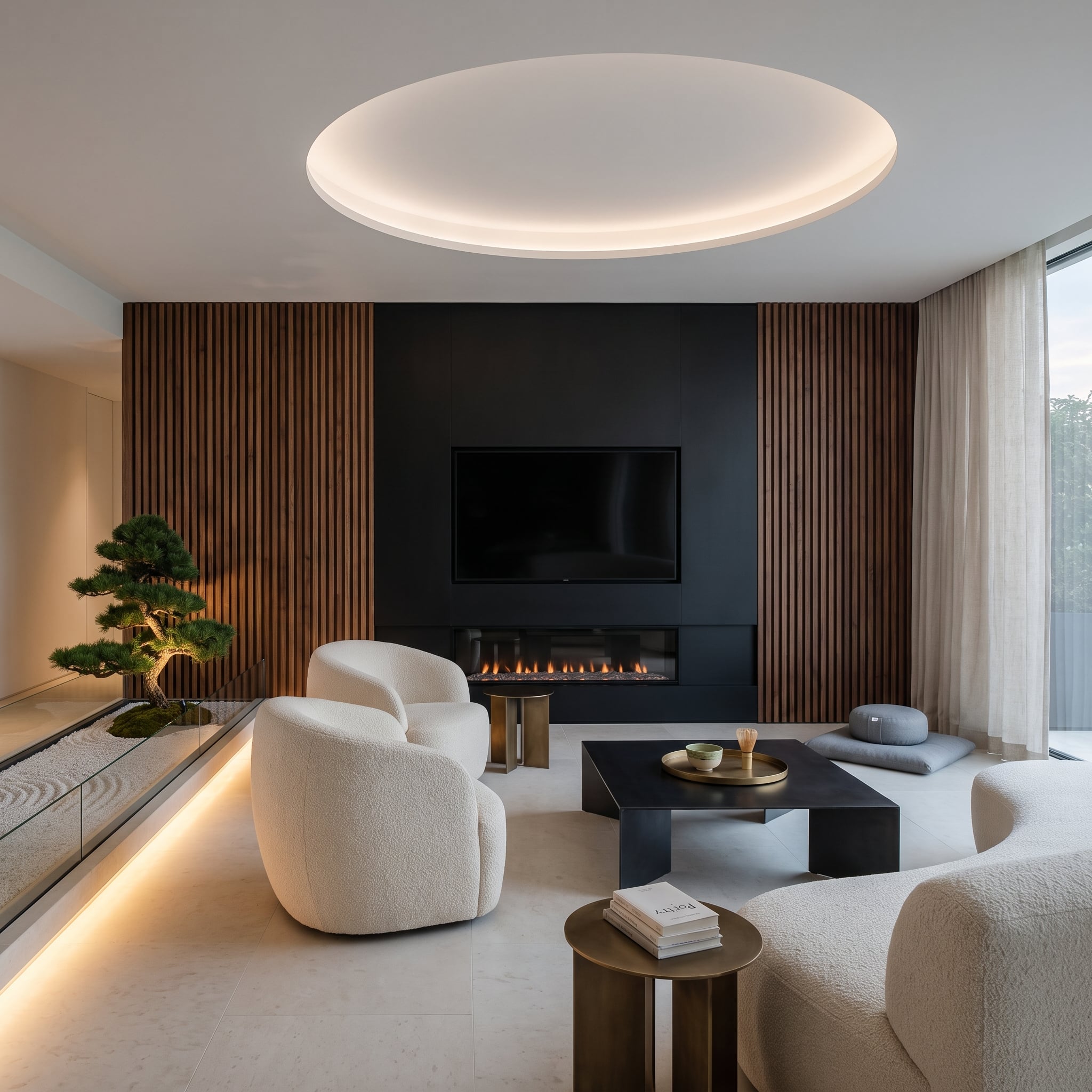 Modern living room with matte black fireplace wall, television above linear gas flames, vertical walnut slats, and bouclé swivel chairs