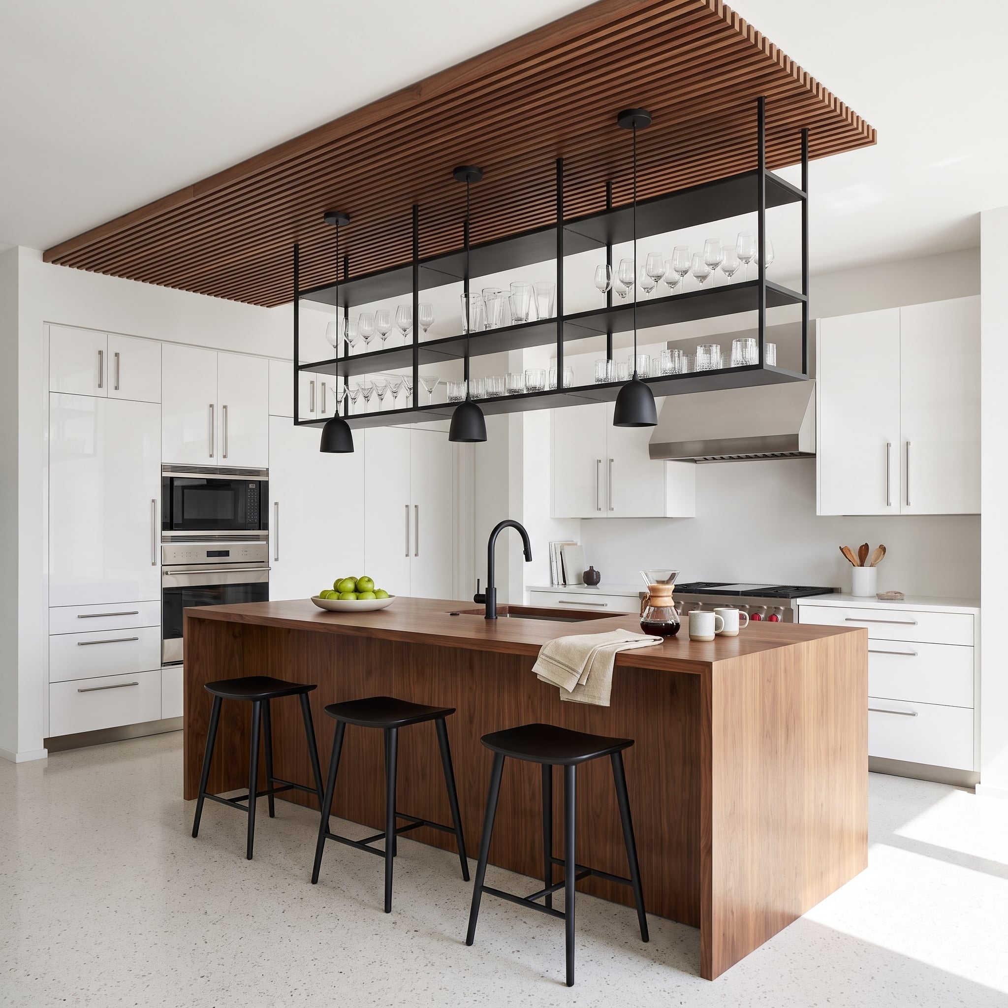 Matte Black Pendants, Walnut Island, and Overhead Shelving That Made Three Finishes Feel Inevitable