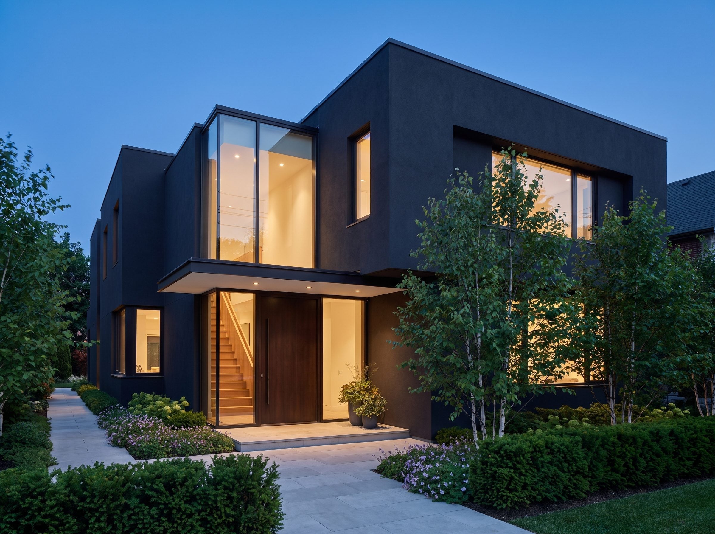 Matte black stucco house with a glazed entry tower and birch trees