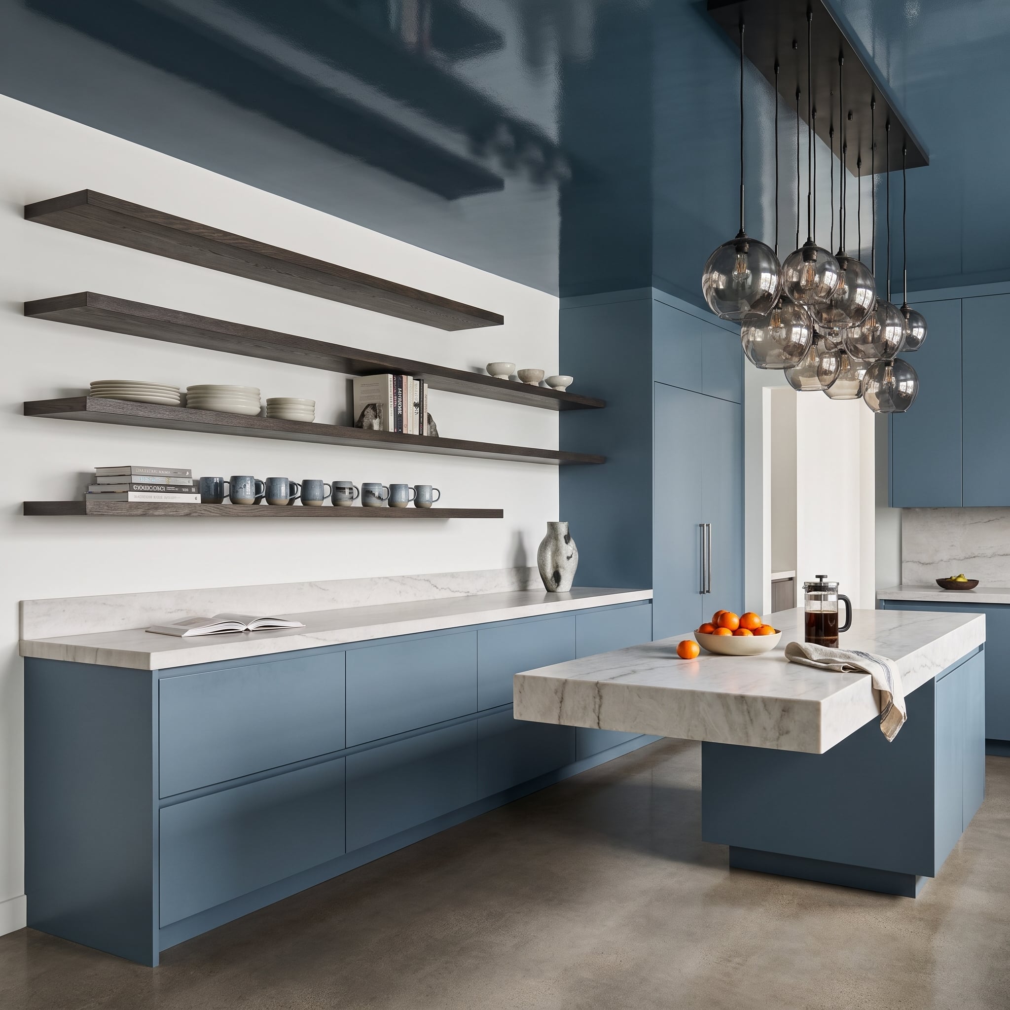 Slate-blue kitchen with smoke-glass pendant cluster, floating shelves, marble island extension, and glossy blue ceiling