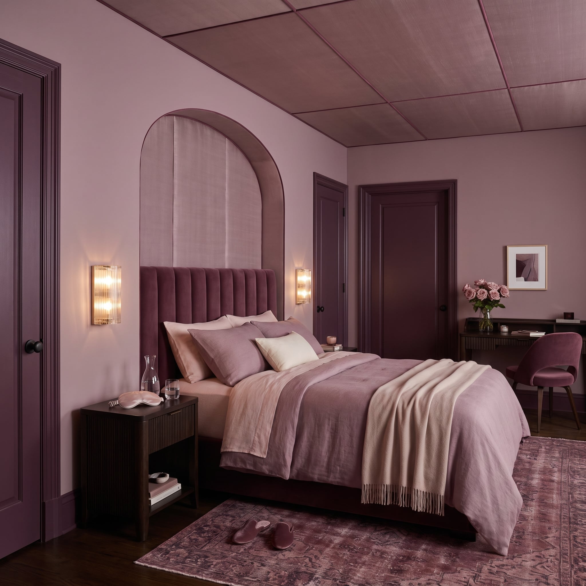 Dusty mauve bedroom with deeper plum door trim, paneled walls, coffered ceiling, and velvet headboard