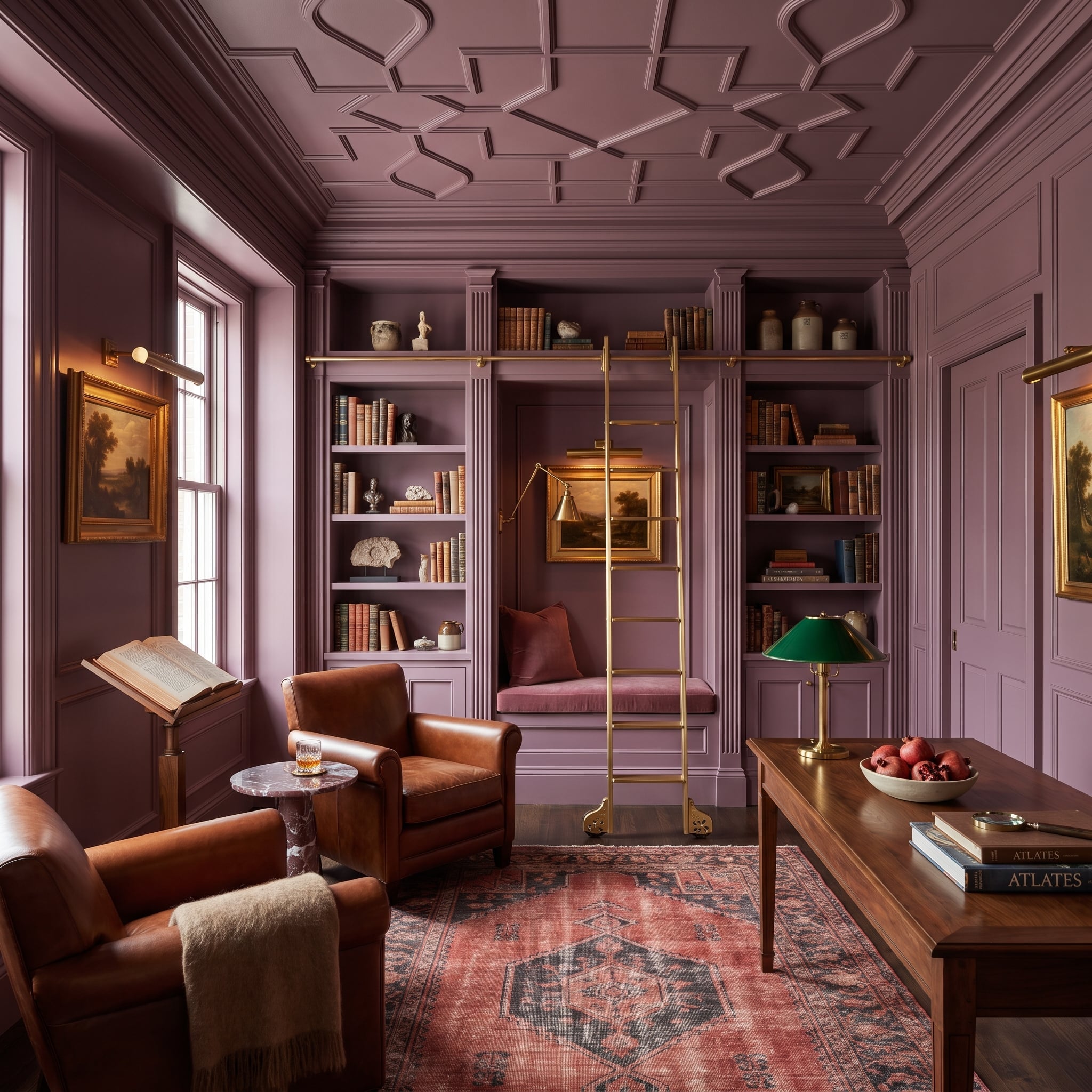 Home library with dusty mauve walls, matching trim and built-in bookcases, brass ladder rail, and walnut console