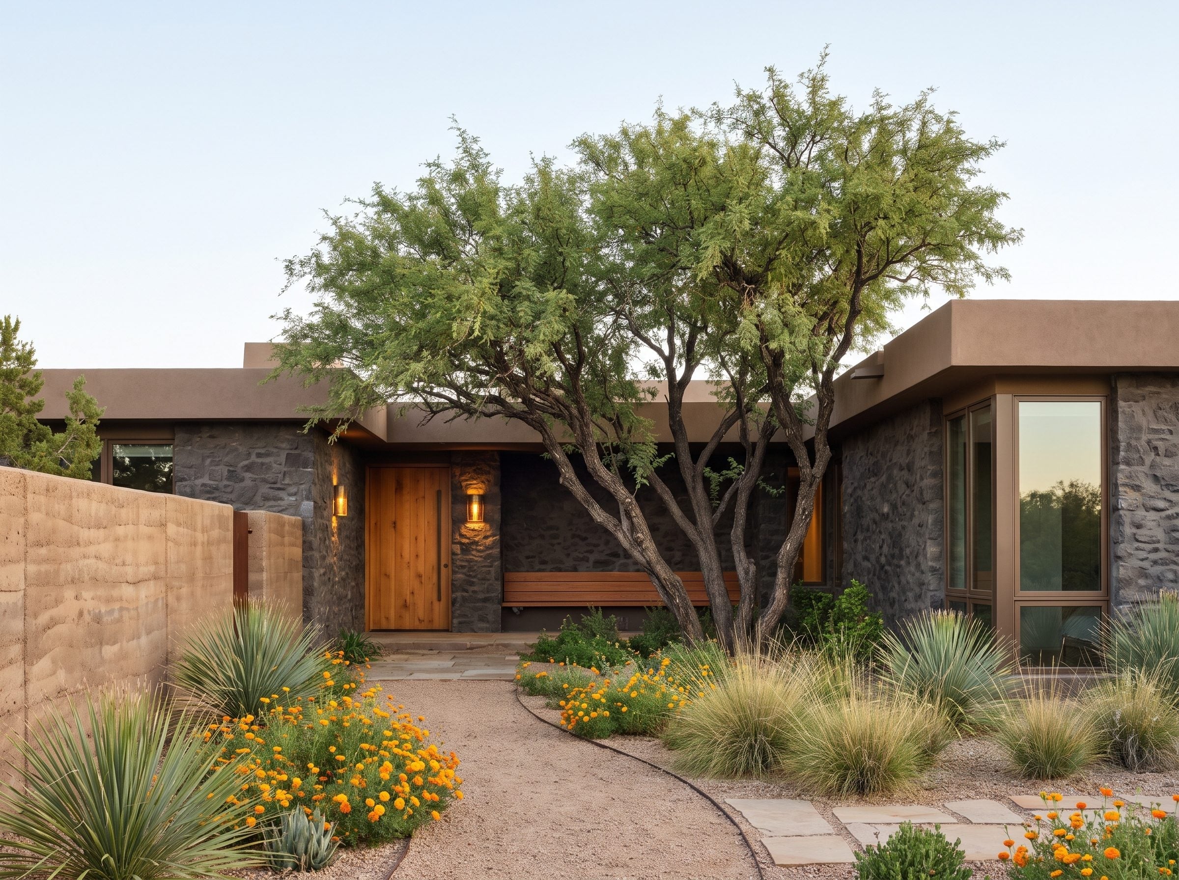 Desert house with dark stone walls, a mesquite tree, gravel, and drought-adapted planting