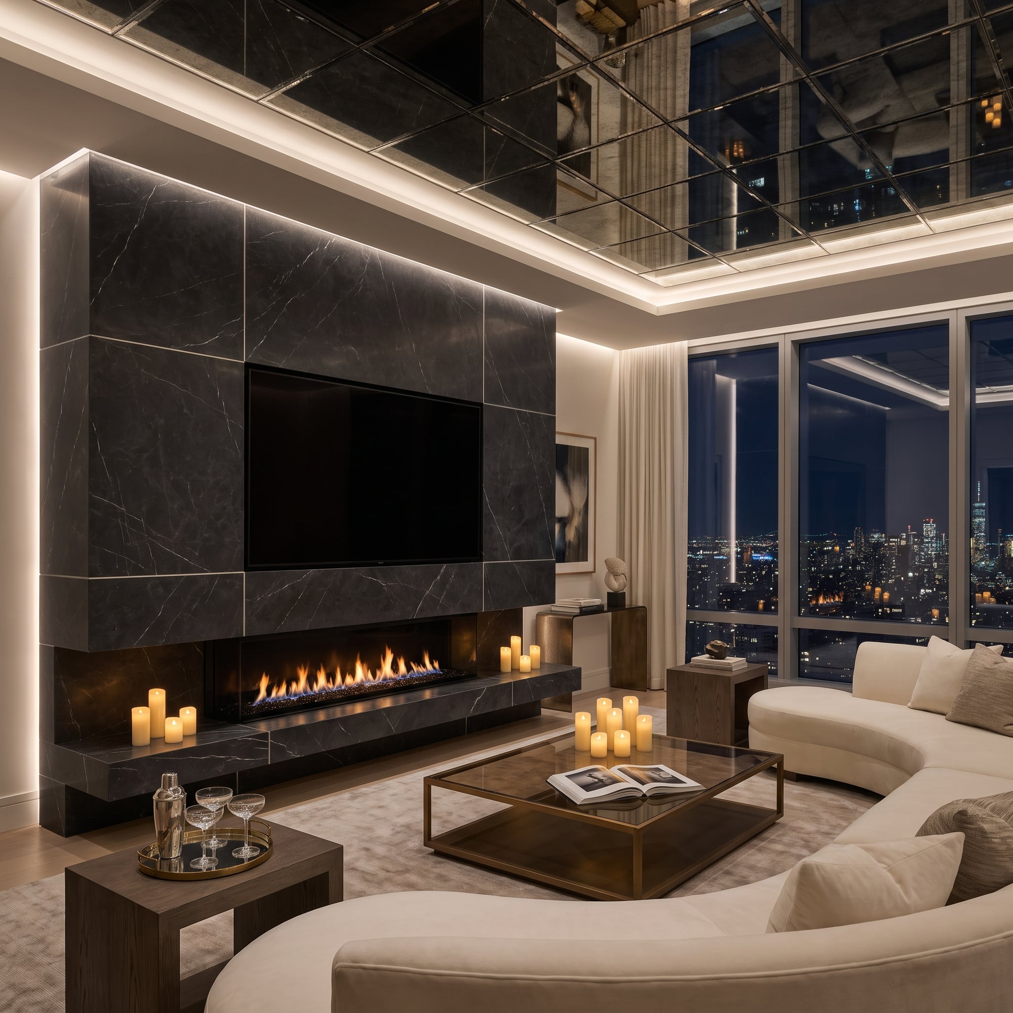 Dramatic living room with smoked mirrored ceiling, dark veined marble fireplace wall, recessed television, and curved cream seating