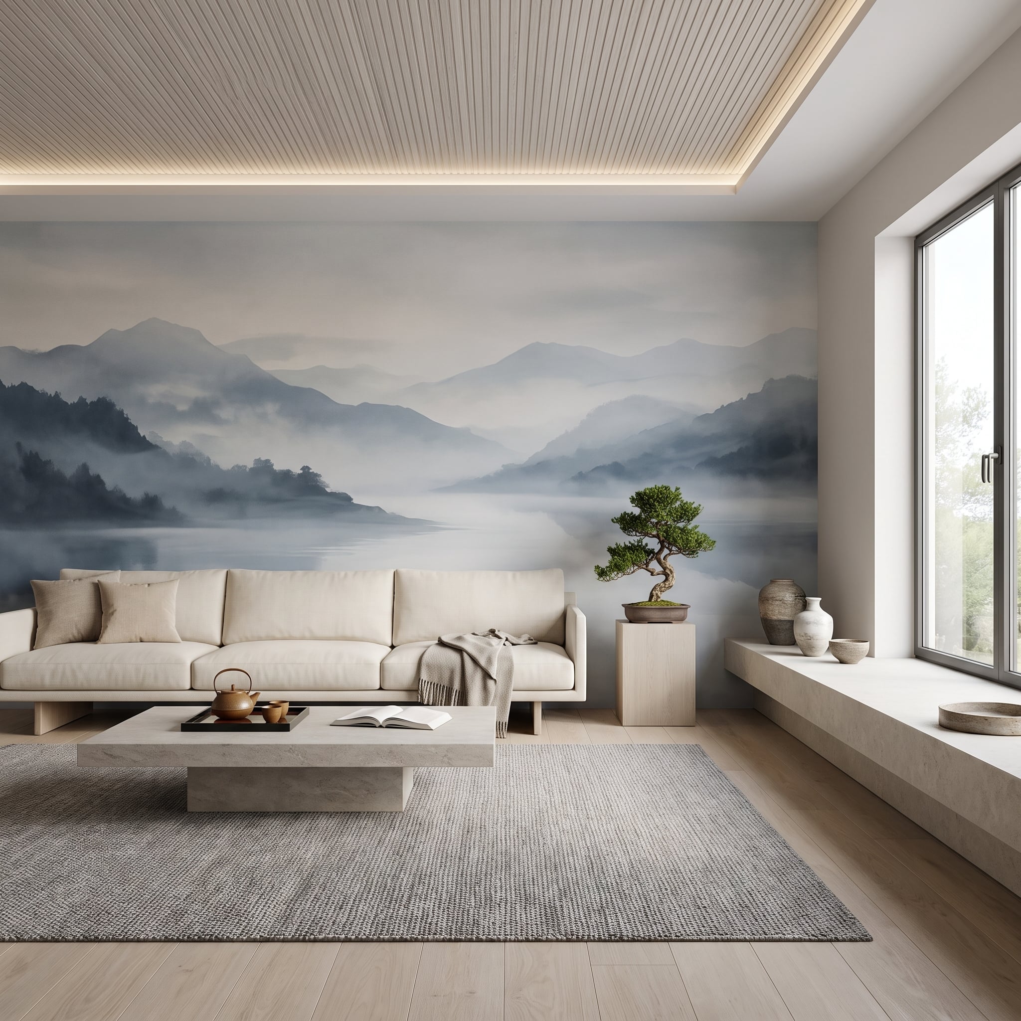 Misty mountain ink-wash mural in a neutral living room with bonsai