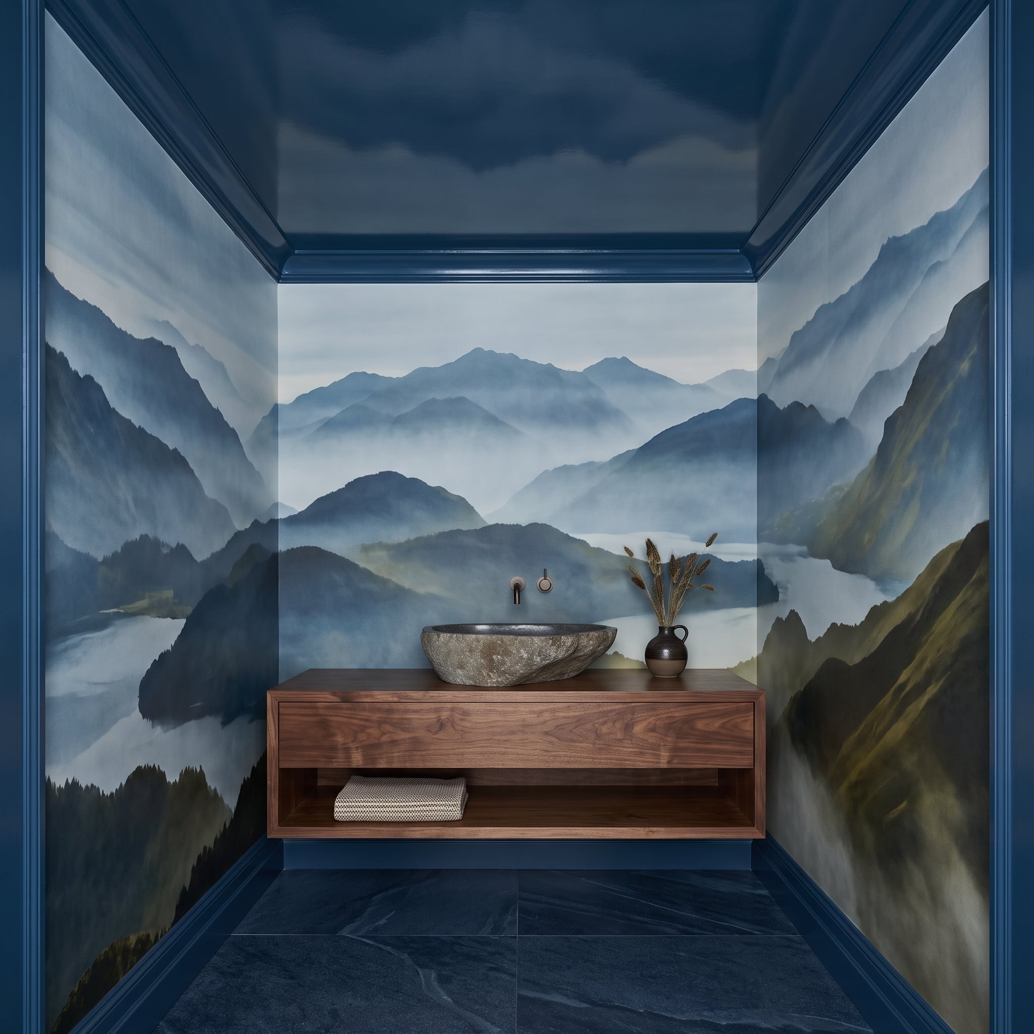 Misty Mountain Mural, Stone Sink, and a Powder Room That Forgot Its Size