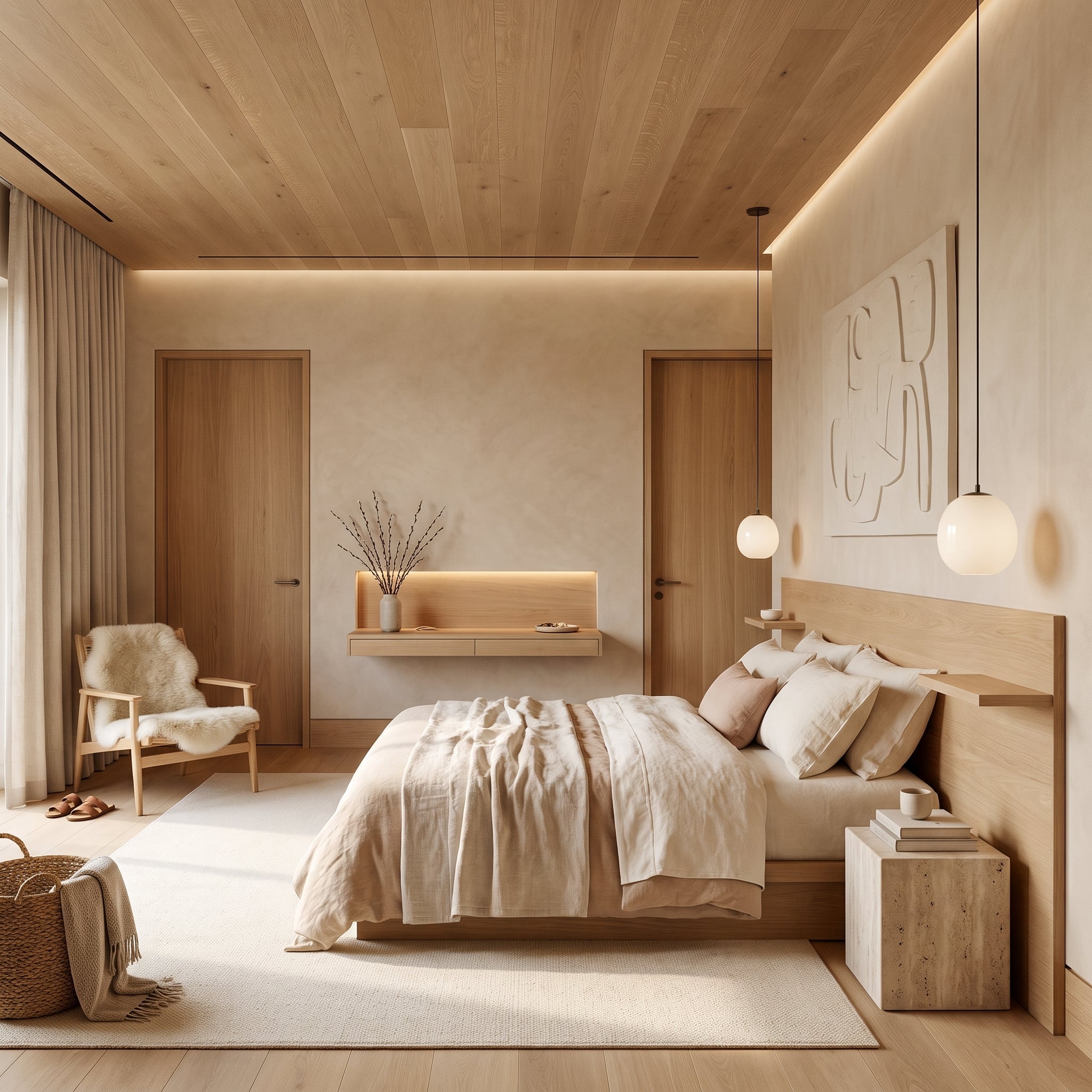 Contemporary bedroom with natural light oak ceiling planks, flush wood doors, built-in shelving, and pale neutral bedding