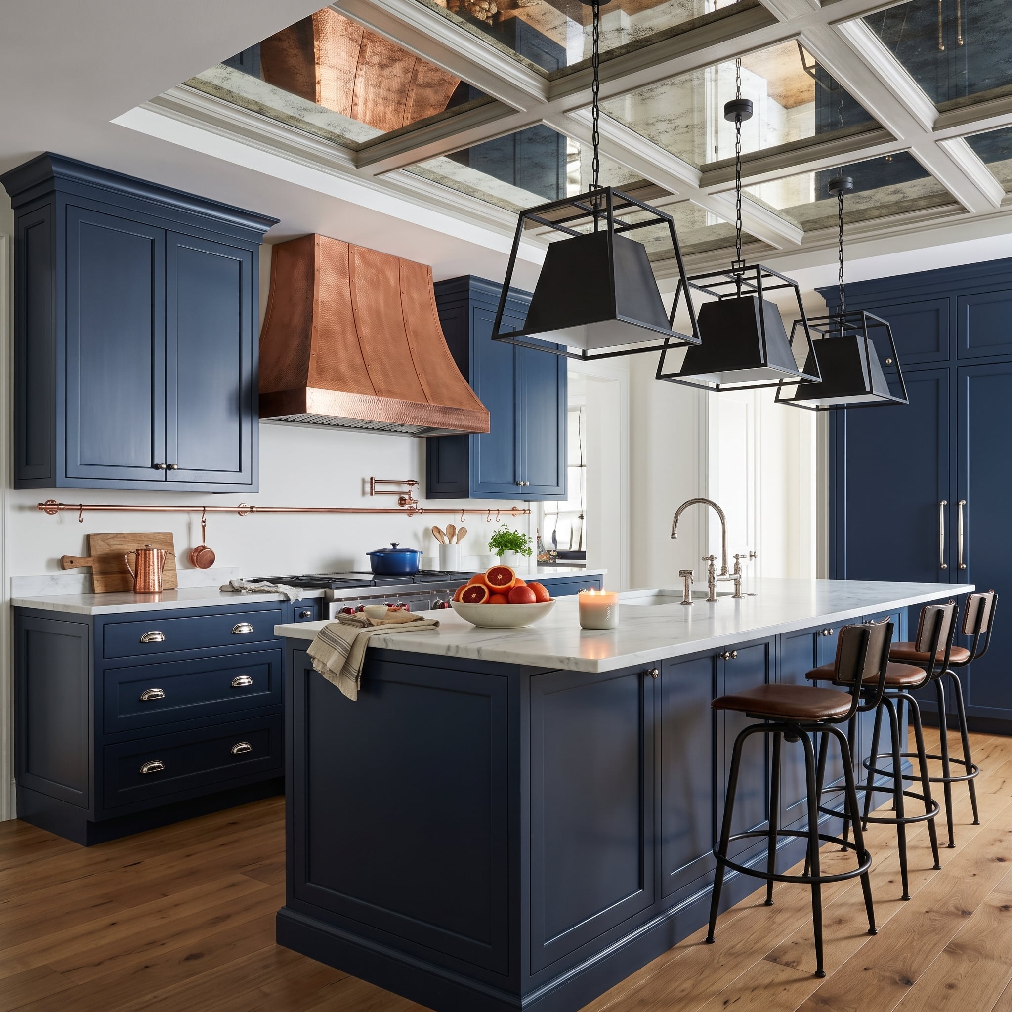 Navy Cabinets, Copper Hood, and Mirrored Ceiling Panels That Refused to Pick a Lane