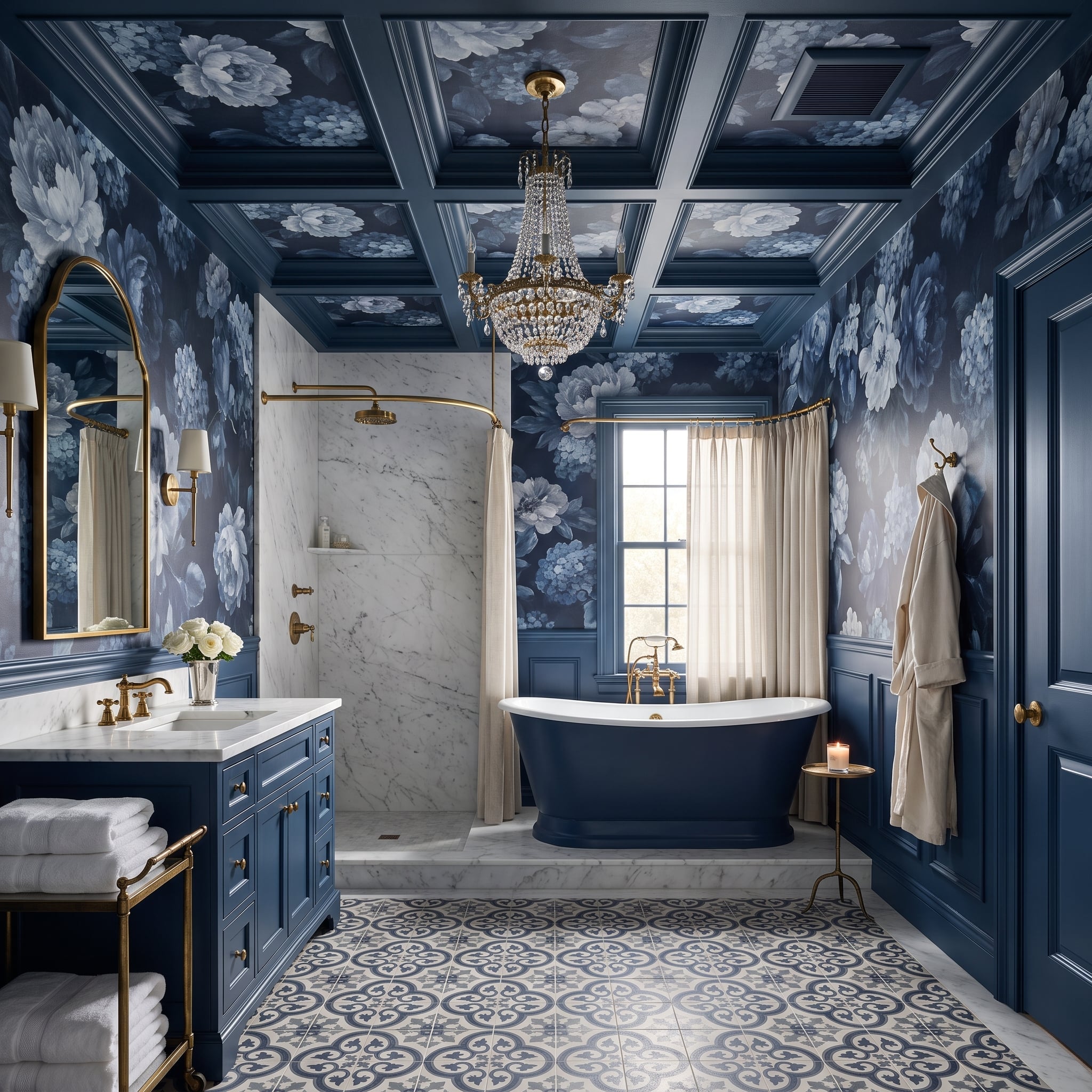 Navy Floral Wallpaper, a Crystal Chandelier, and Coffered Ceiling That Earns Every Inch