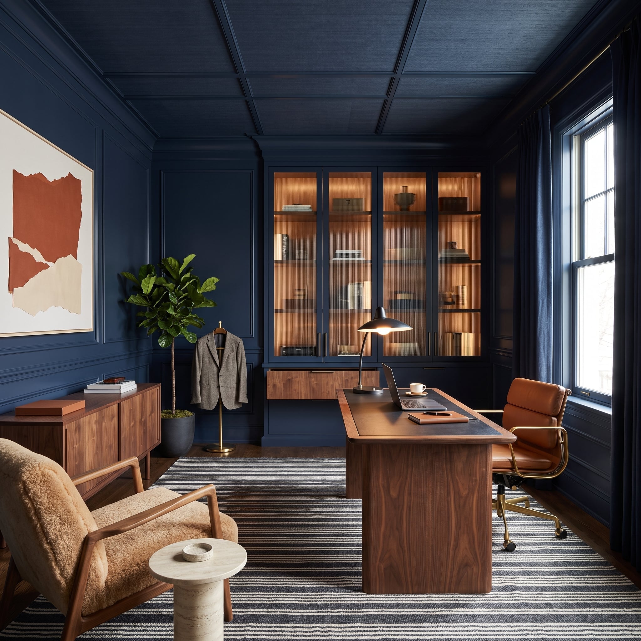 Navy color-drenched home office with matching ceiling coffers and trim, walnut desk, glass-front cabinetry, and cognac chair
