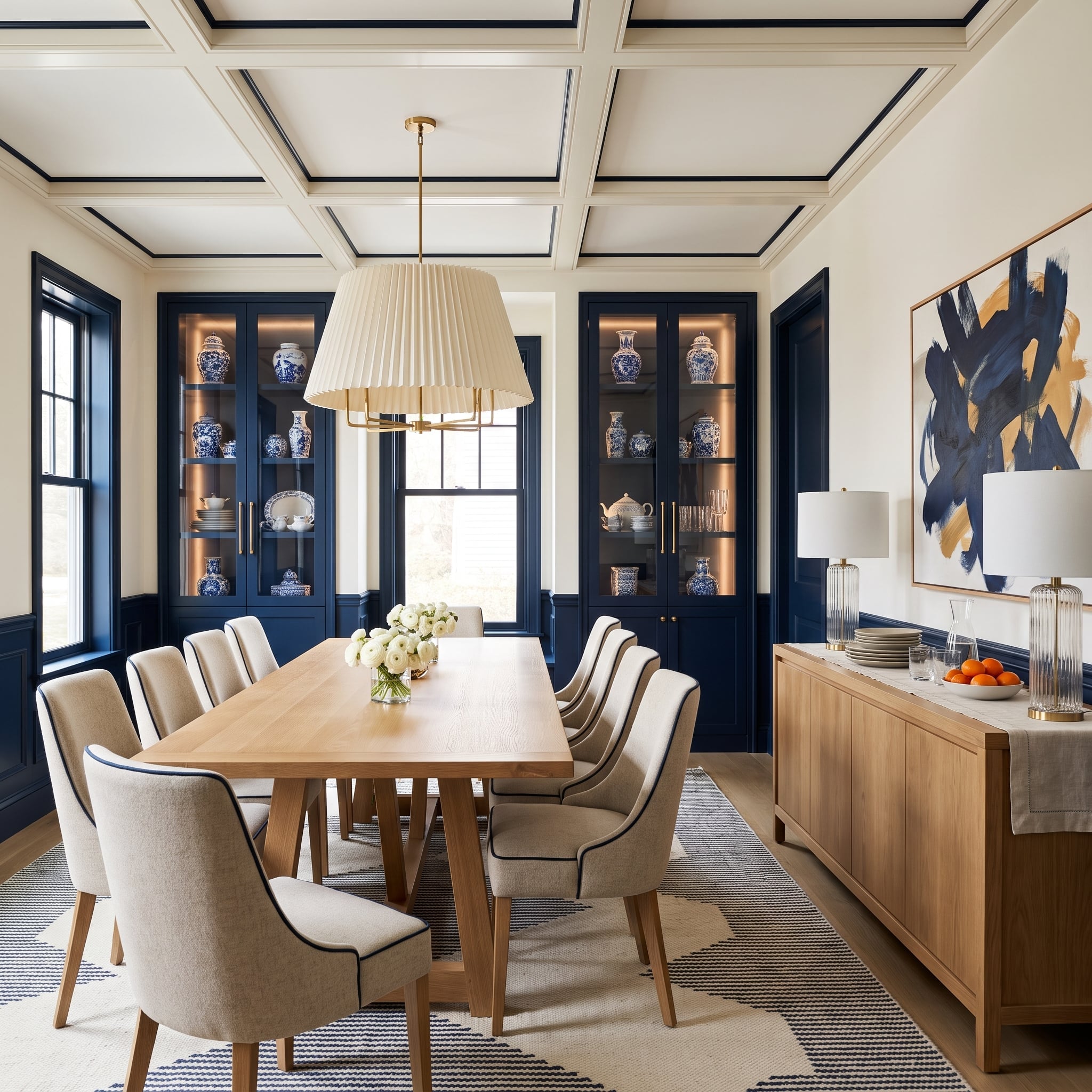 Dining room with navy built-in cabinetry, matching window trim and coffered ceiling grid, blue-and-white ceramics, and cream dining chairs