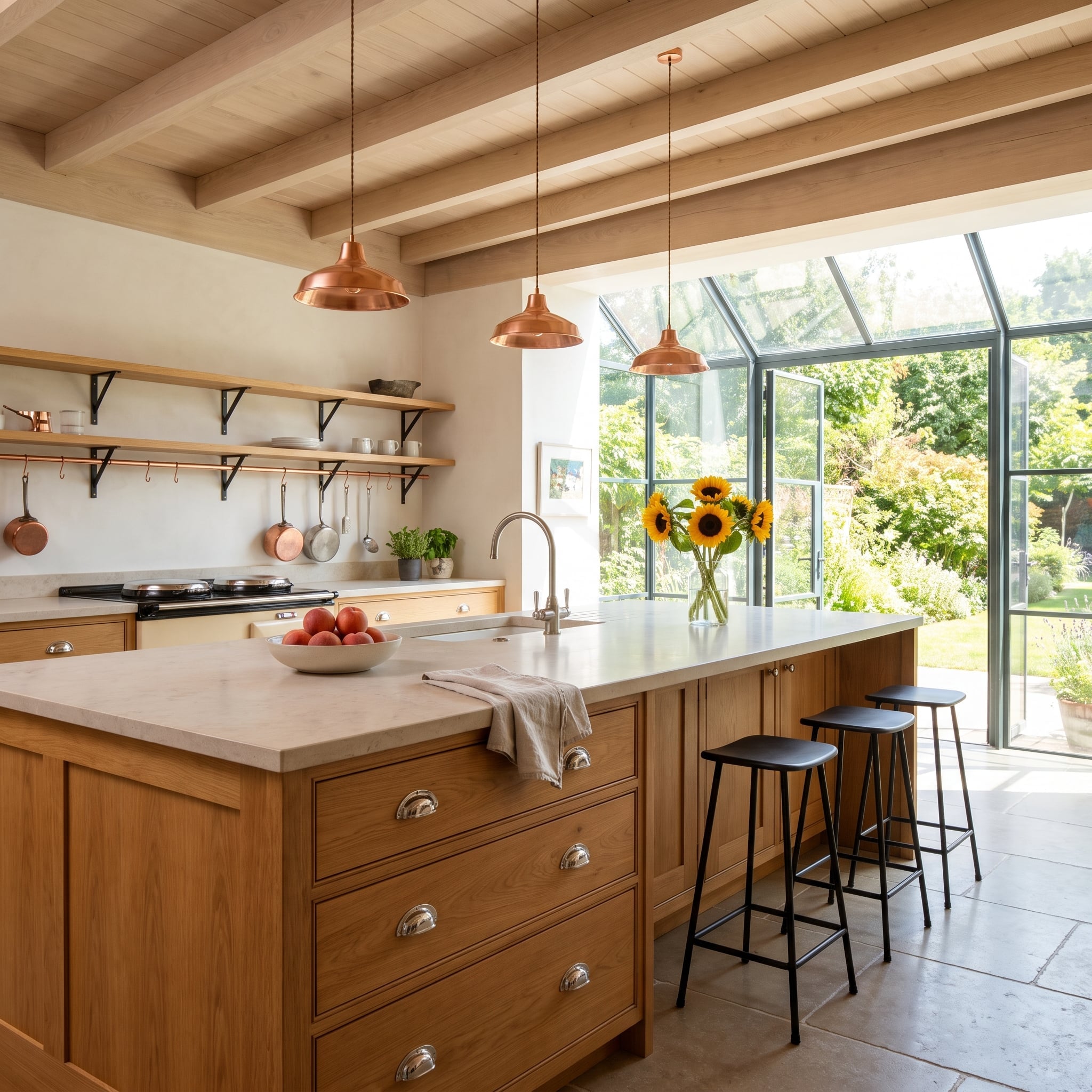 Oak, Copper, and Black Steel Walk Into a Glass-Roofed Kitchen