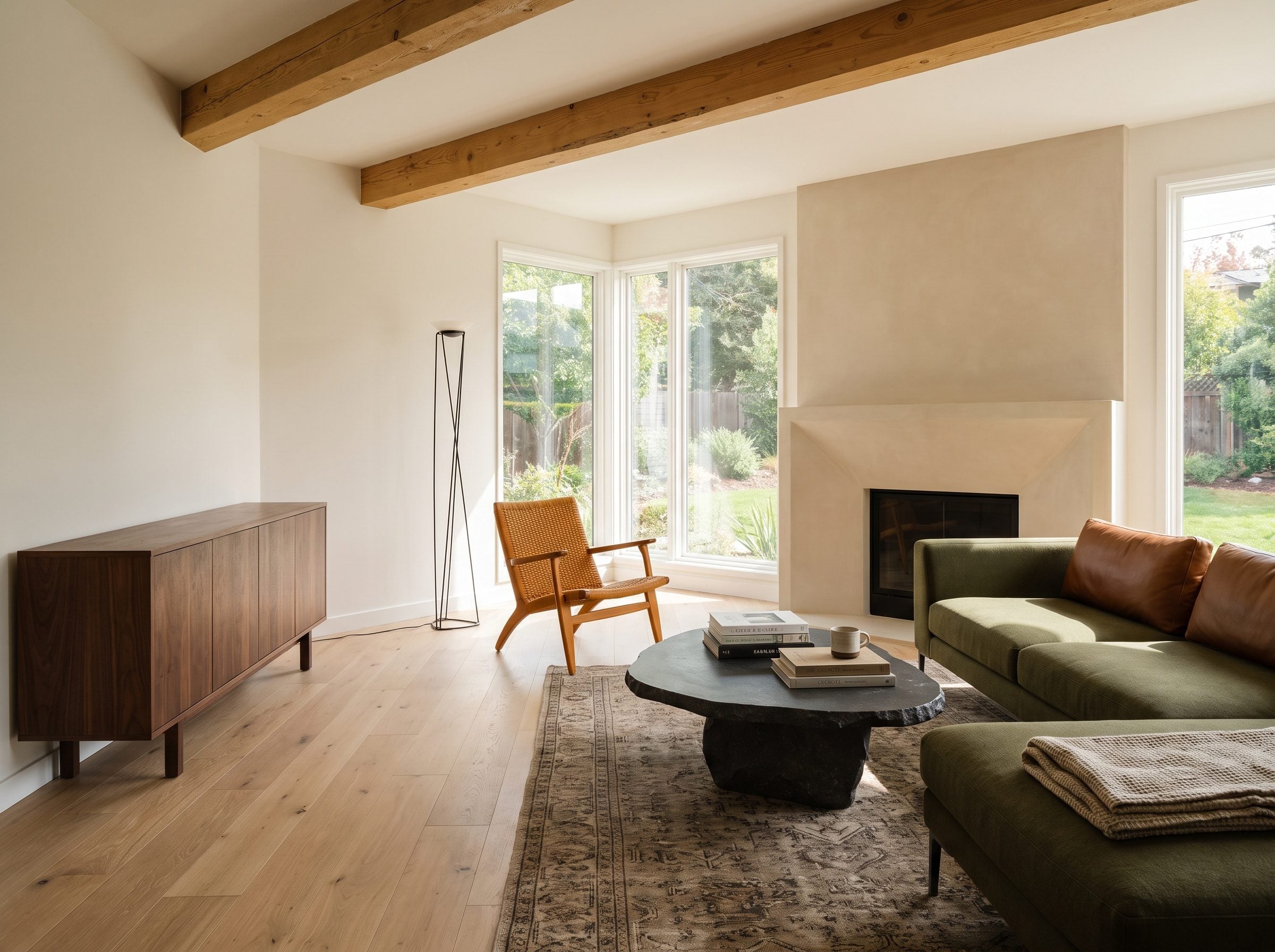 Living room with pale oak flooring, dark walnut credenza, woven chair, and olive-green velvet sofa