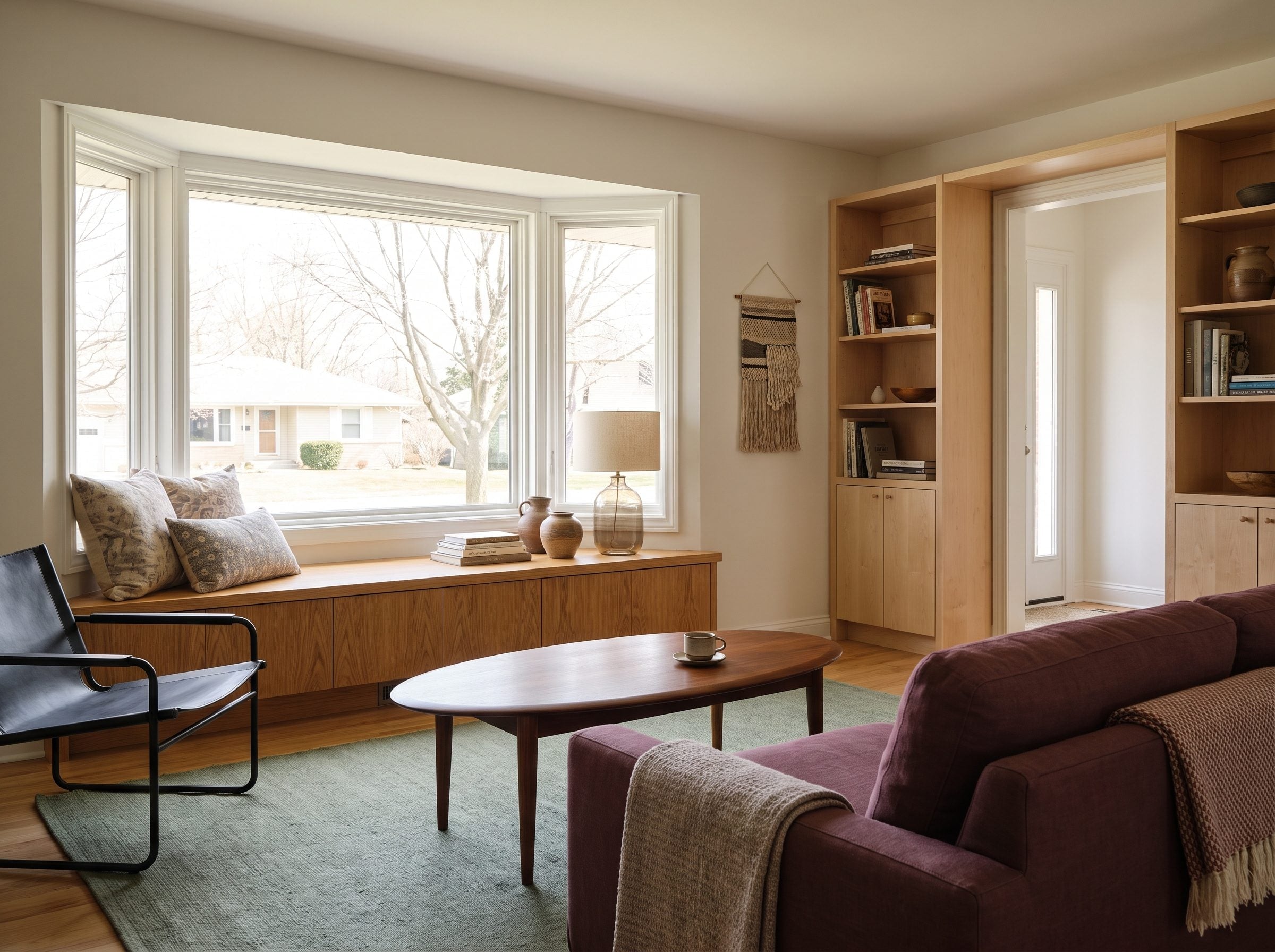 Living room with oak window bench, maple built-in cabinetry, walnut coffee table, burgundy sofa, and sage rug