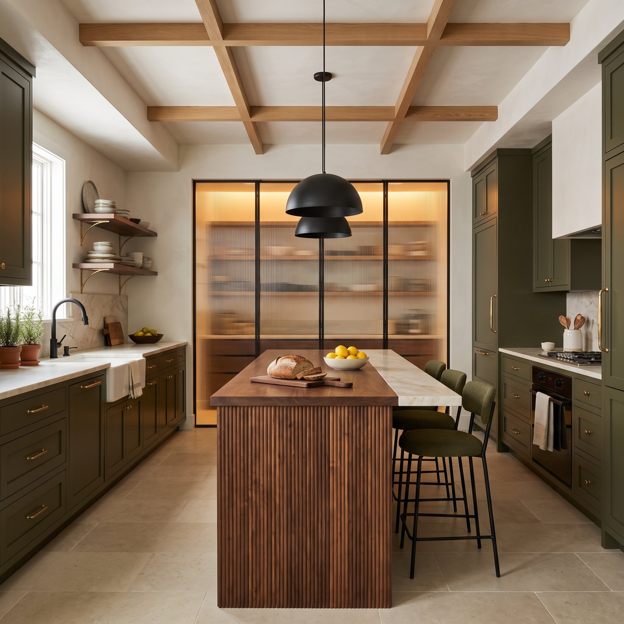 Olive Cabinets, Brass Pulls, and Matte Black Pendants Walk Into a Fluted Walnut Kitchen
