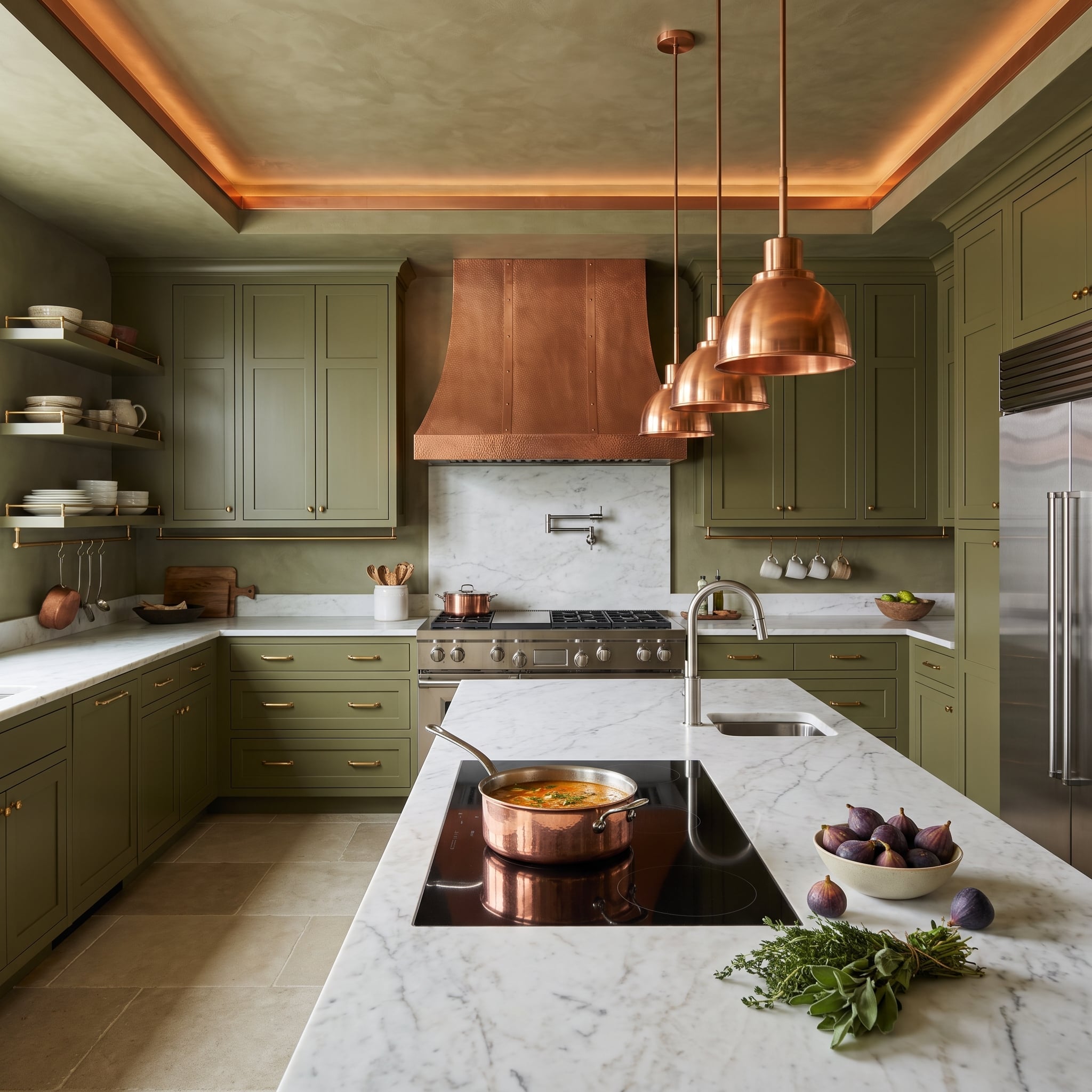 Olive Cabinets, Copper Hood, and an Induction Island That Made the Case for Two Finishes