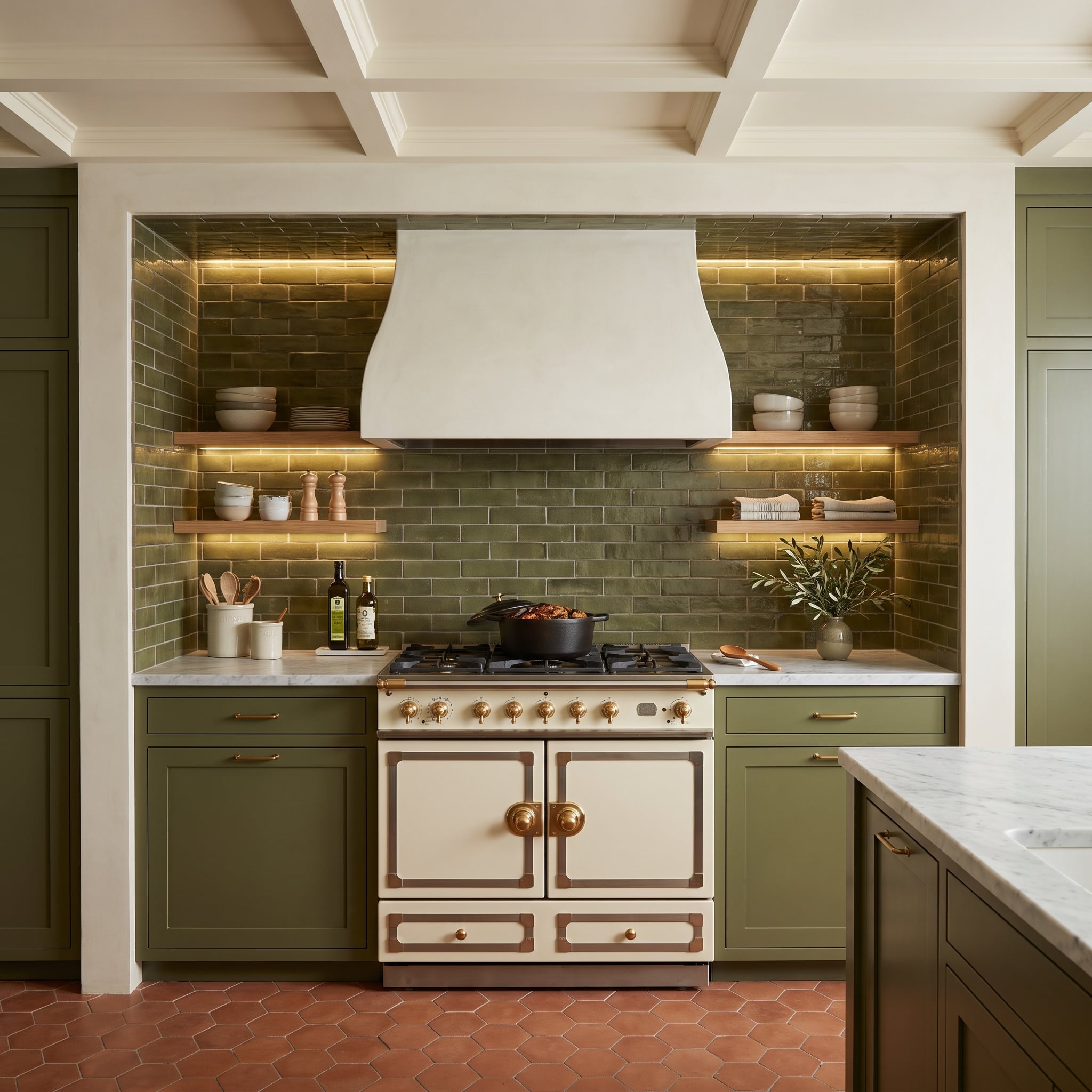 Olive-green kitchen with glazed tile cooking niche, floating wood shelves, and cream-and-brass French range