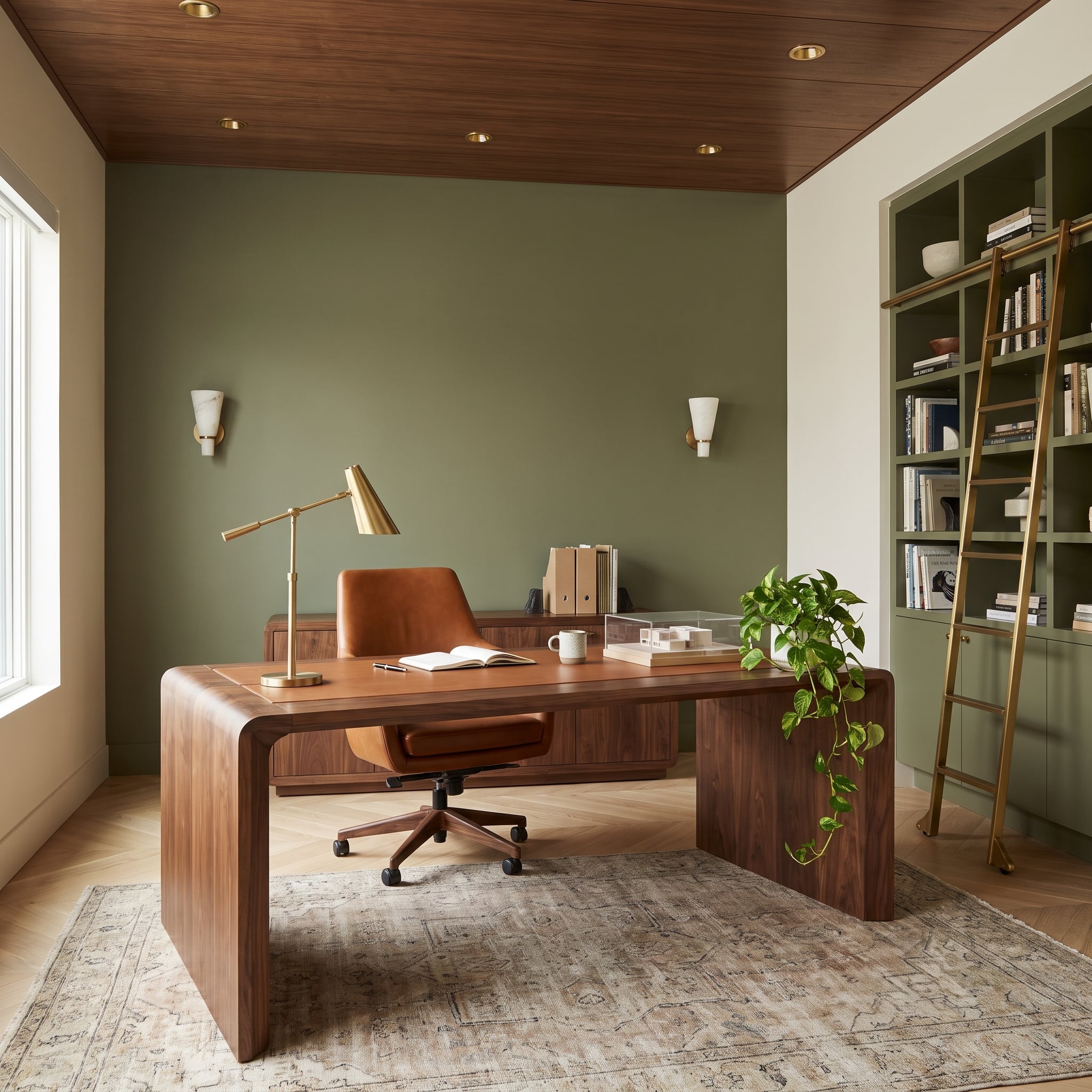 Olive-green home office accent wall with walnut desk and brass rolling ladder