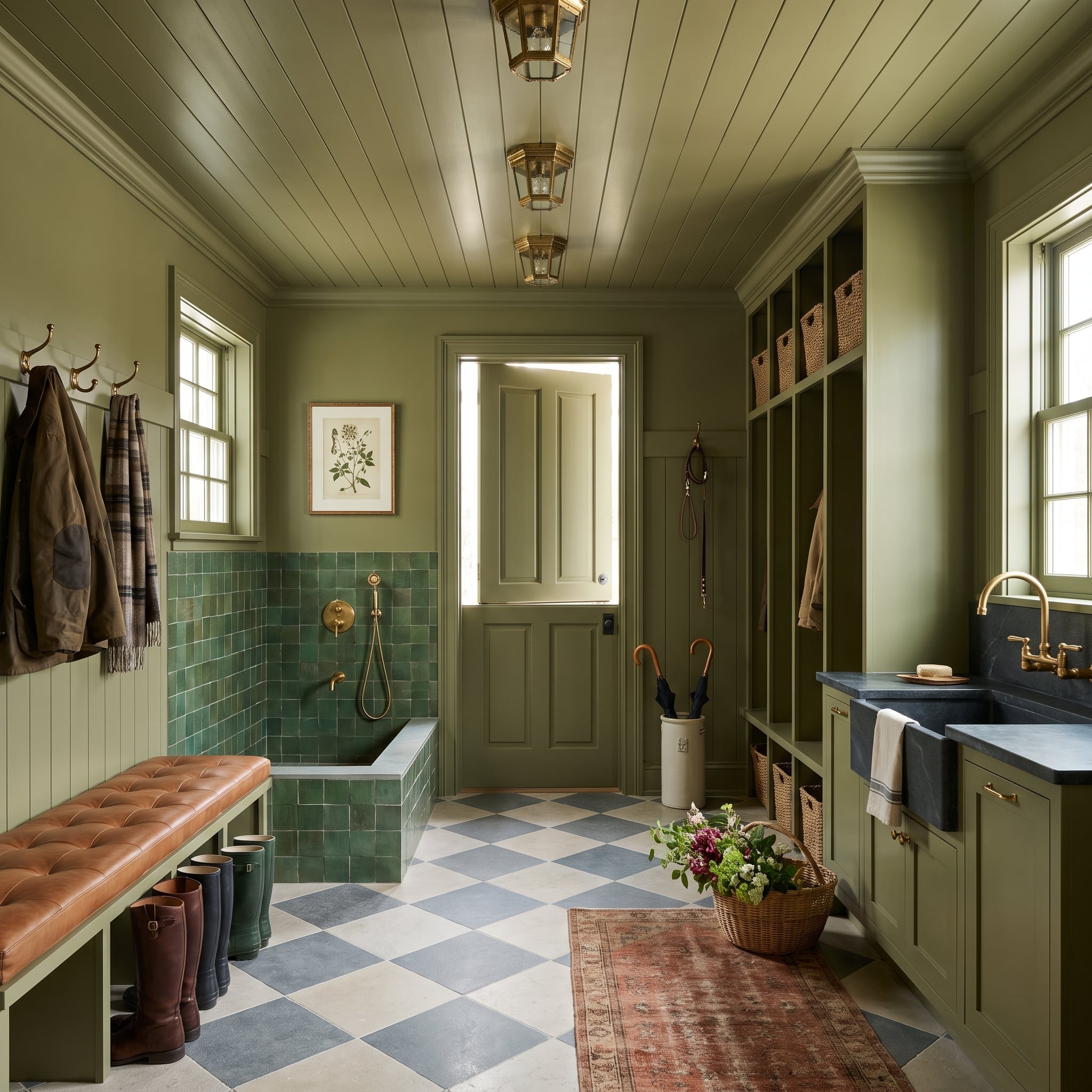 Olive-green mudroom with matching cabinets, wall trim, shiplap ceiling, dog-wash station, and checkerboard floor