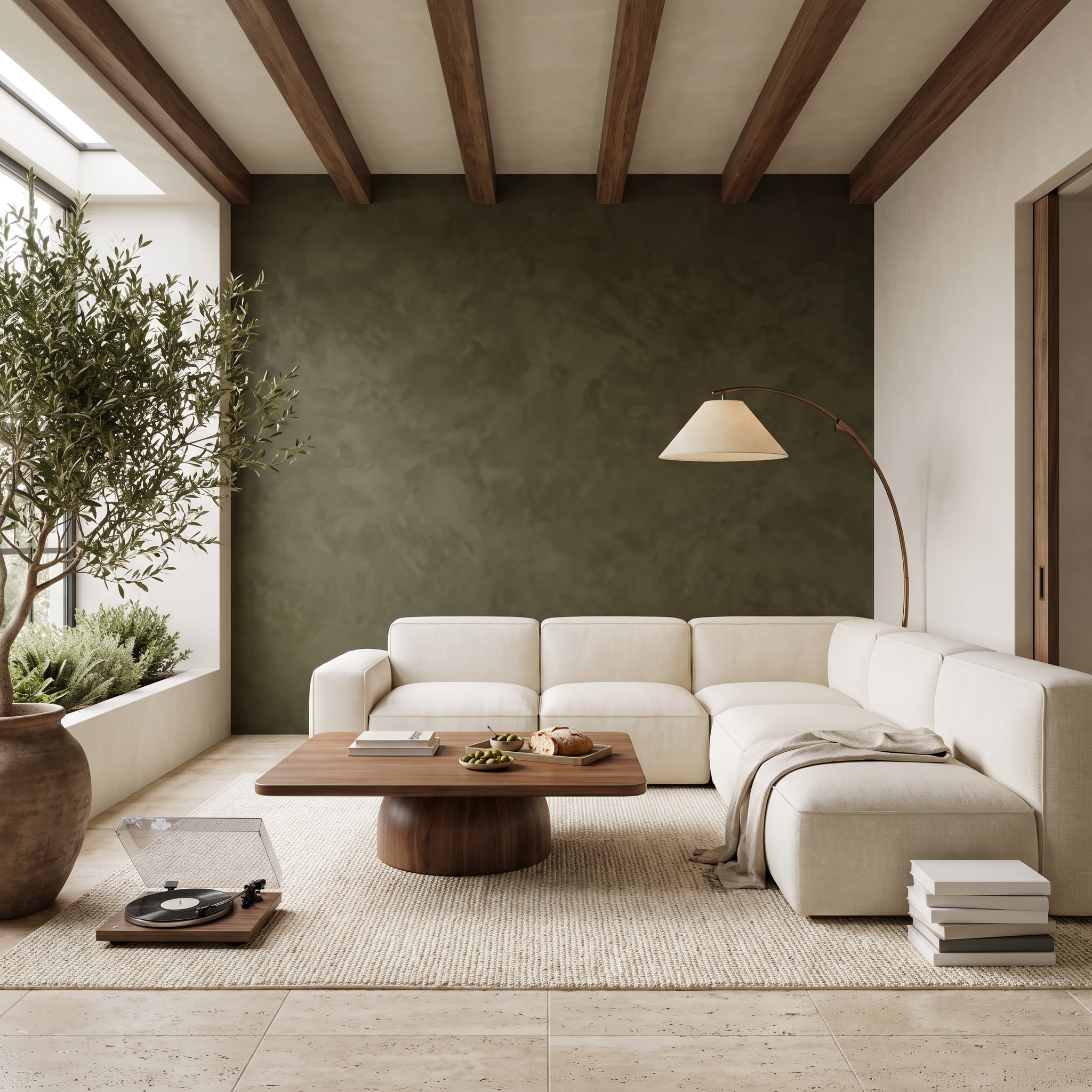 Deep olive plaster living room accent wall with exposed walnut beams and cream sectional