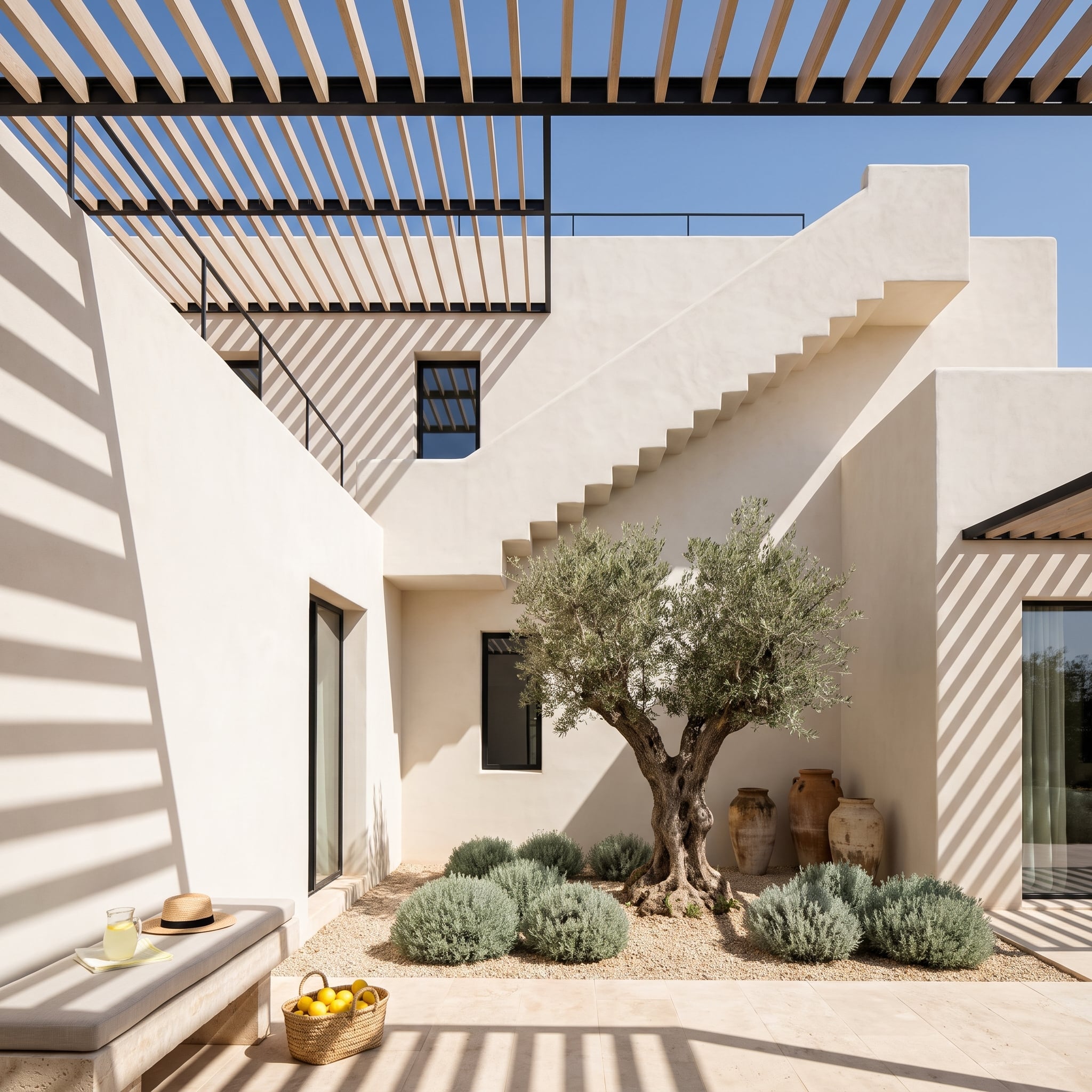 Mediterranean courtyard with olive tree, limewashed plaster, timber pergola and black steel windows