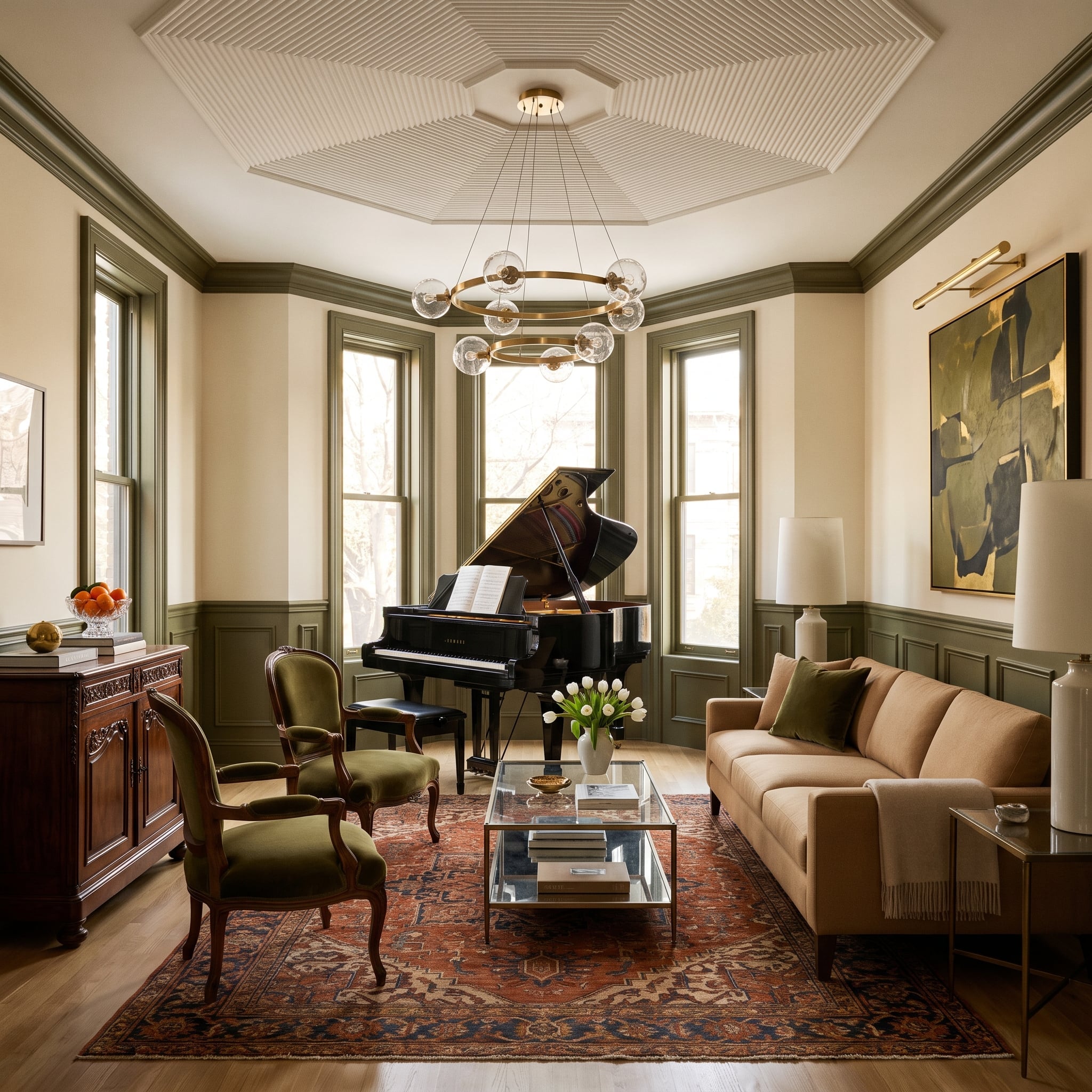 Formal living room with olive-green wainscoting and crown molding, coffered ceiling, velvet chairs, Persian rug, and grand piano