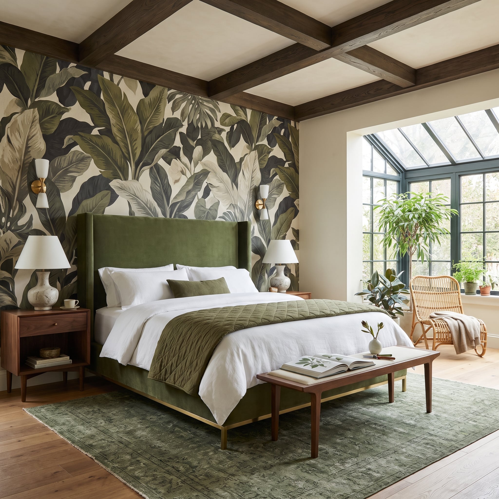 Tropical banana-leaf wallpaper behind olive velvet upholstered bed with dark wood ceiling beams