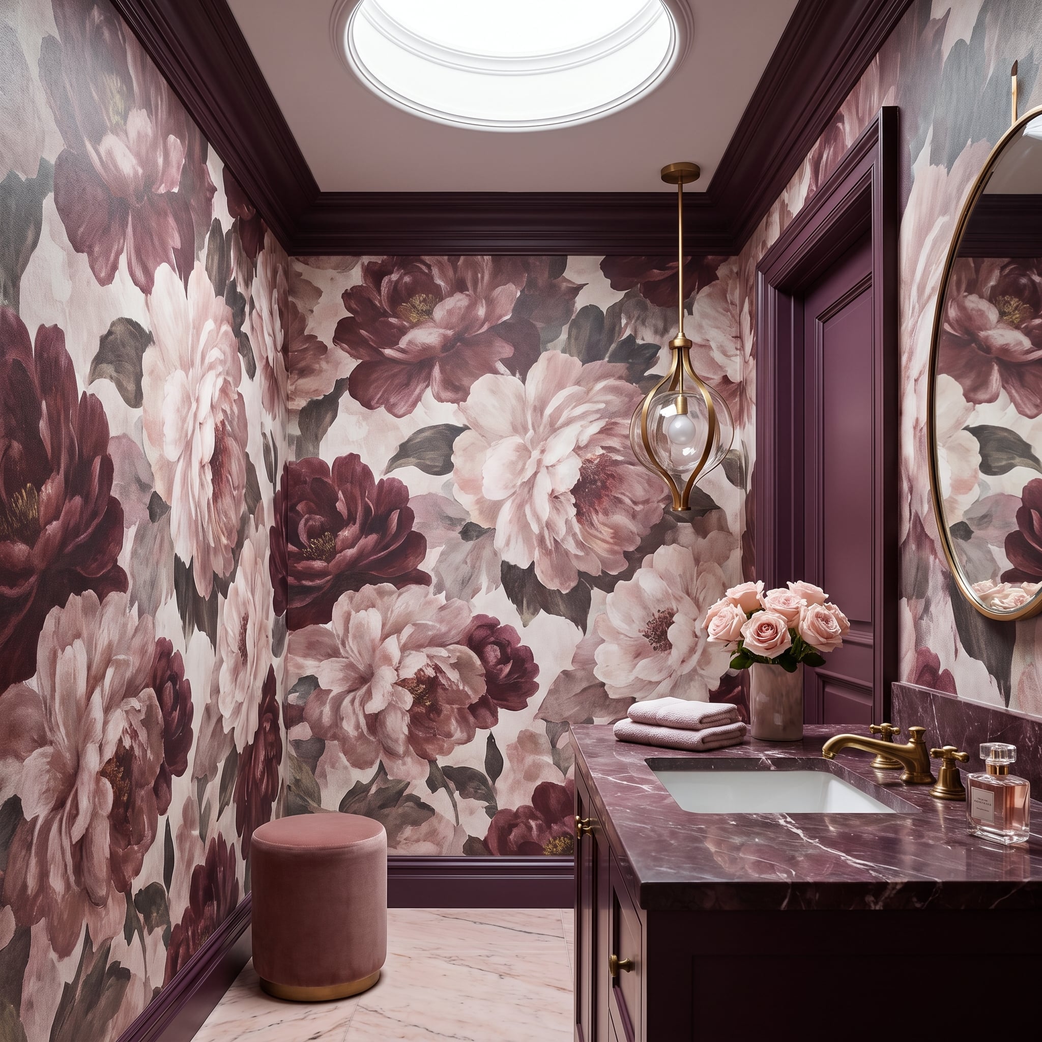 Oversized Peony Wallpaper, Purple Marble, and a Powder Room With No Chill
