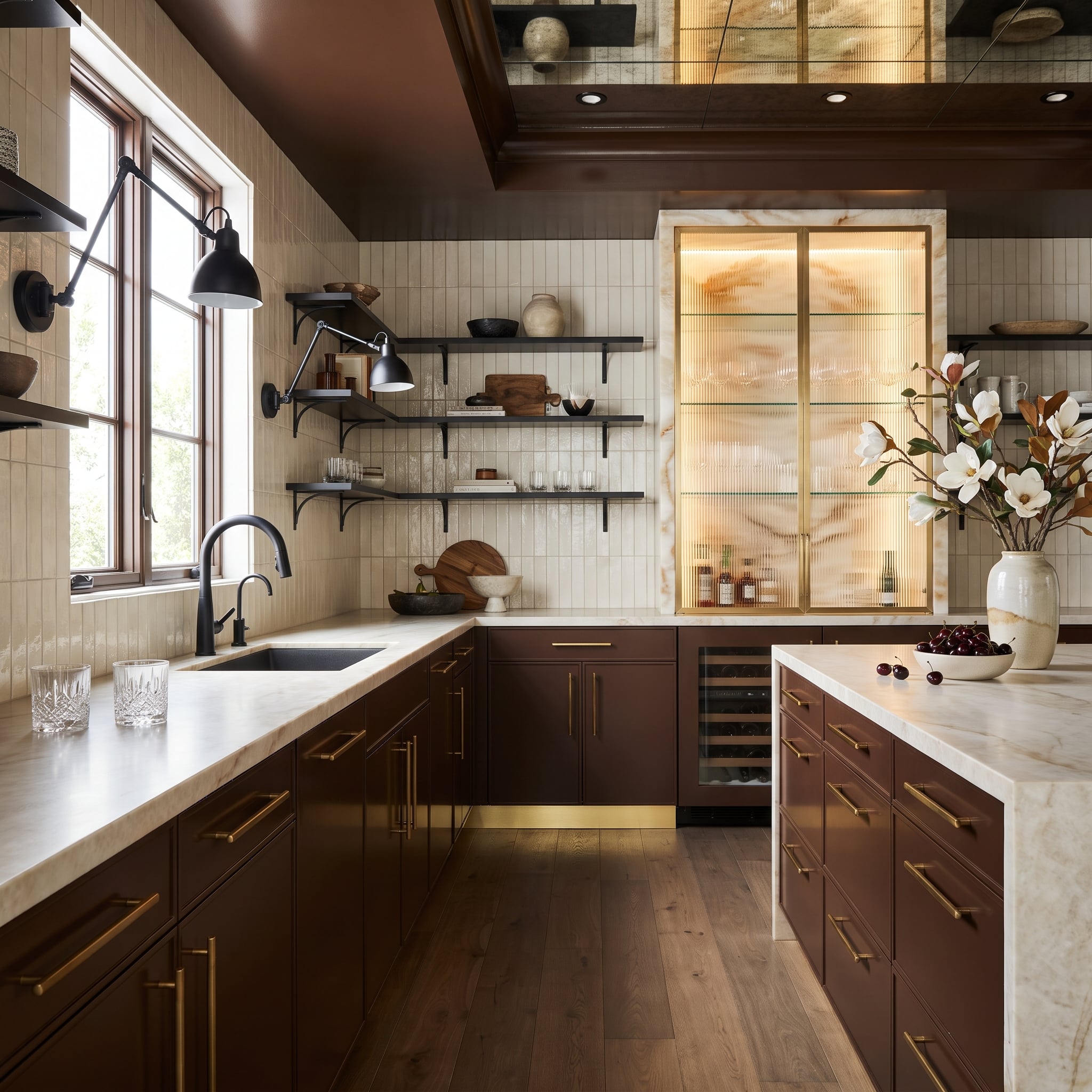 Oxblood Cabinets, Brass Pulls, and a Matte Black Faucet That Refuses to Pick a Side